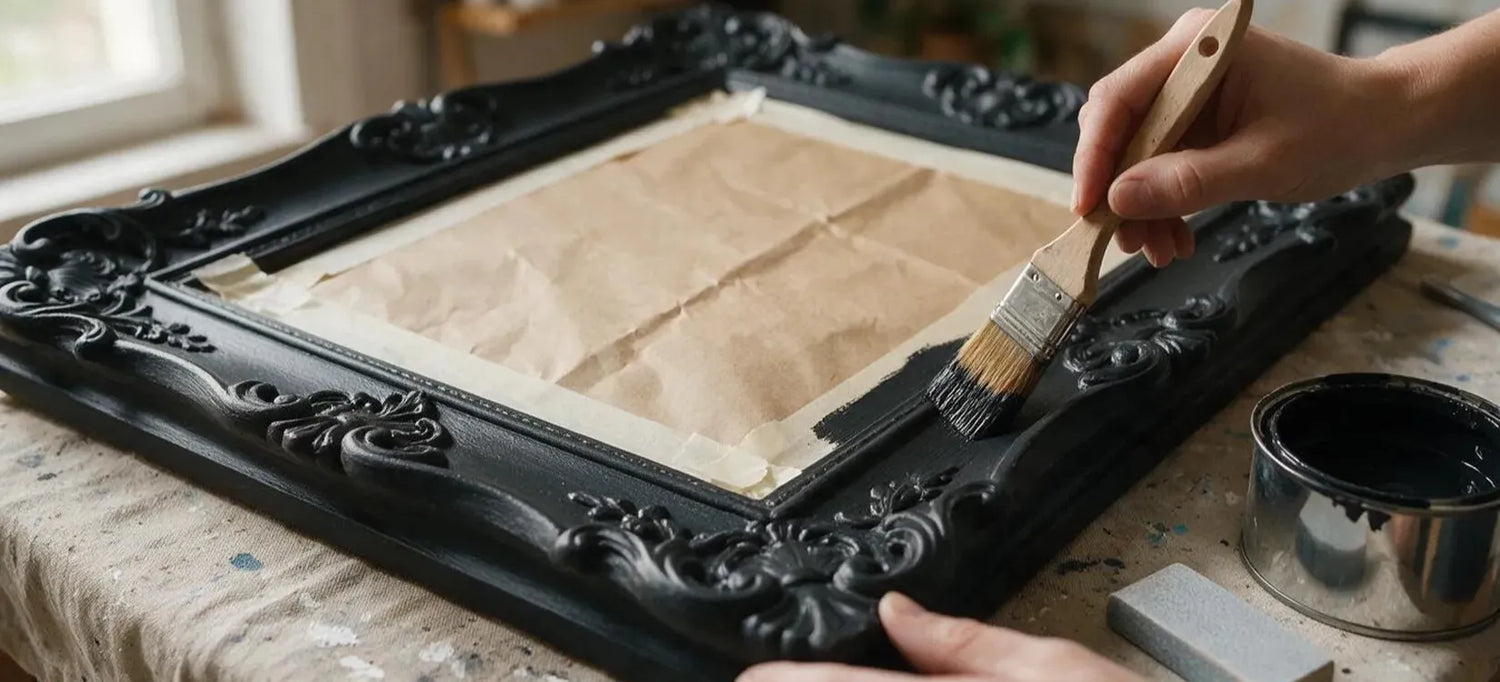 Customiser un miroir : peinture noire mate appliquée au pinceau sur un cadre mouluré ancien, verre protégé par du ruban de masquage.