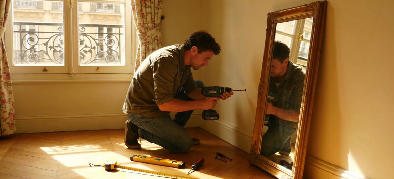 Fixation d'un grand miroir au mur : perçage du point bas pour les pattes porteuses