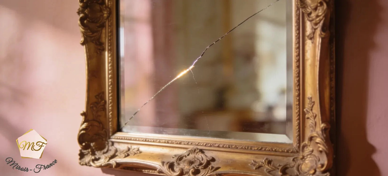 Miroir ancien au cadre doré orné avec une fine fêlure traversant le reflet.