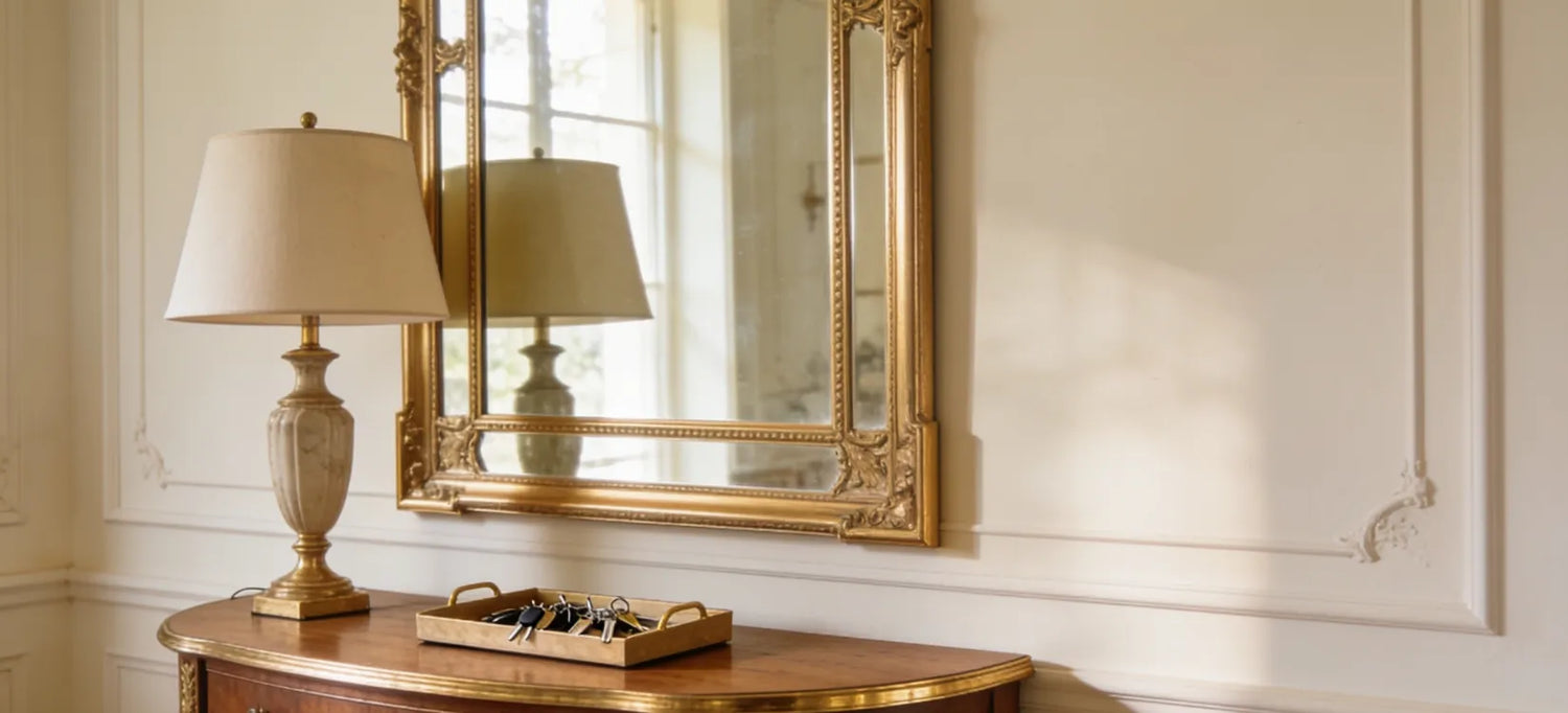 Miroir doré ancien au-dessus d'une console d'entrée en bois, avec lampe et vide-poche.