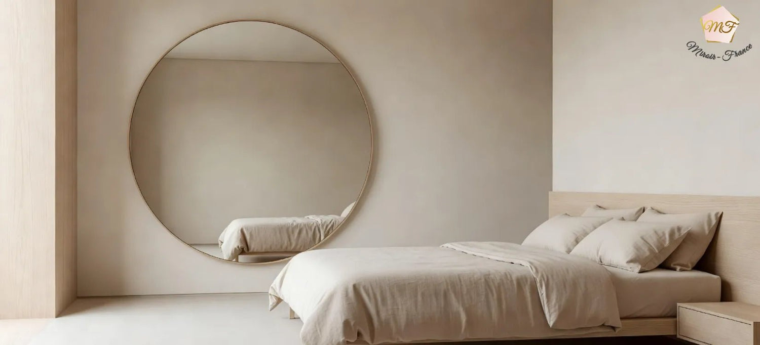 Grand miroir face au lit dans une chambre épurée et apaisante.