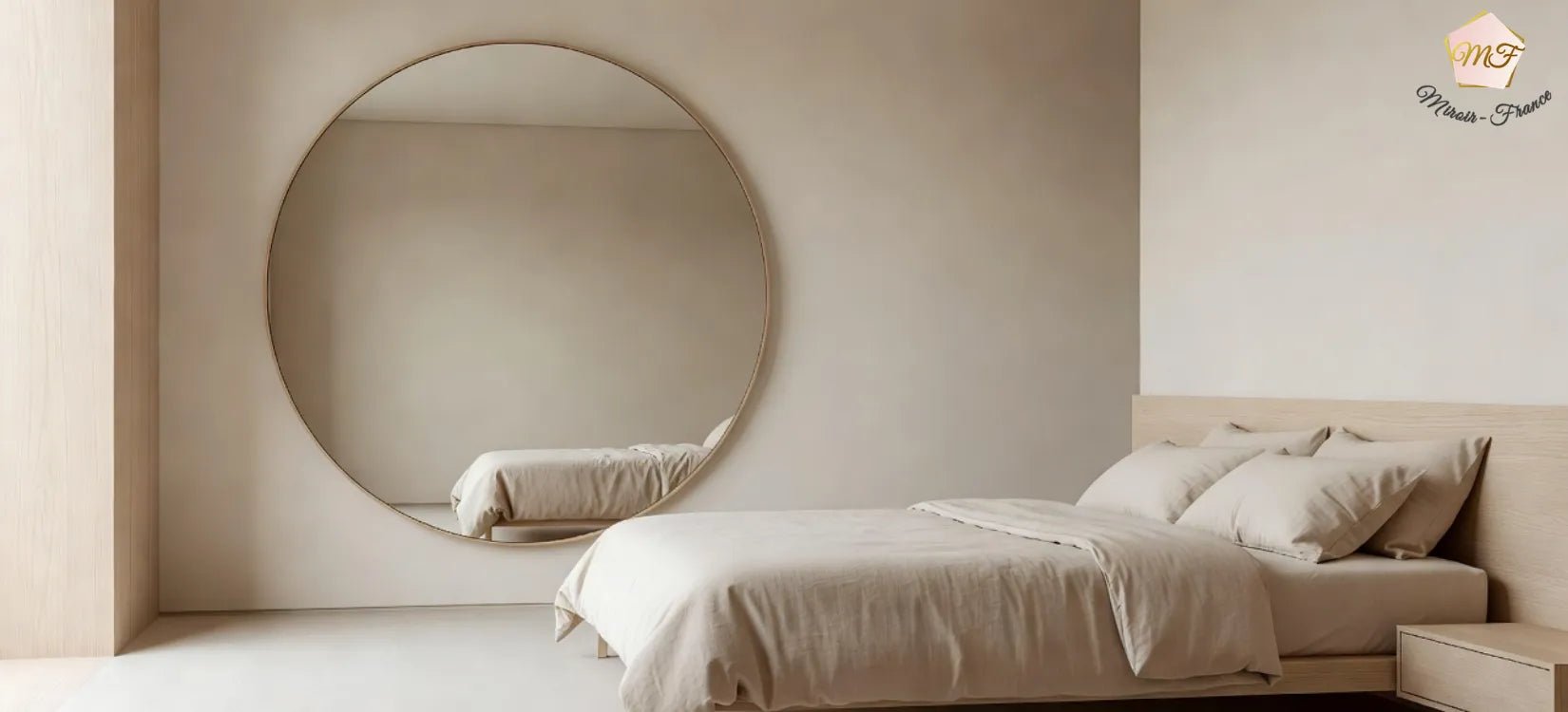 Grand miroir face au lit dans une chambre épurée et apaisante.