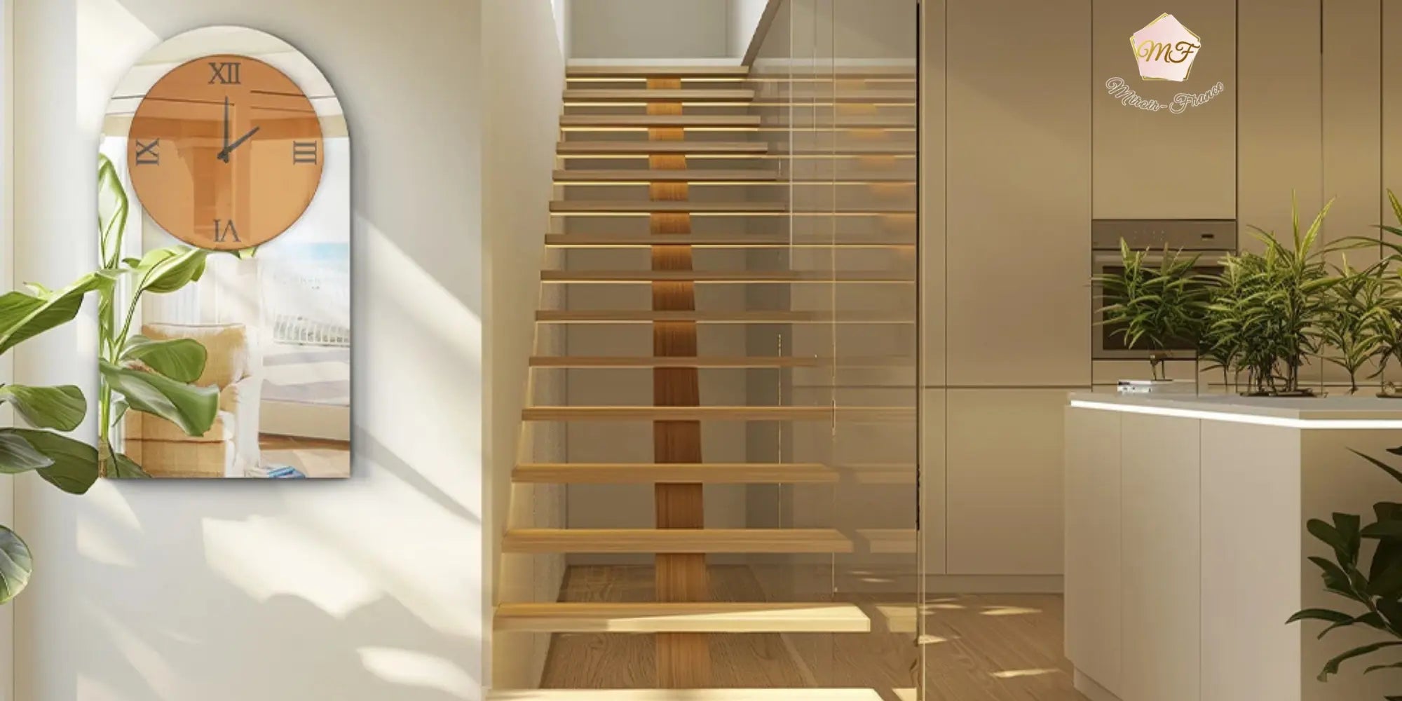 Miroir Horloge devant un escalier dans une pice style scandinave.