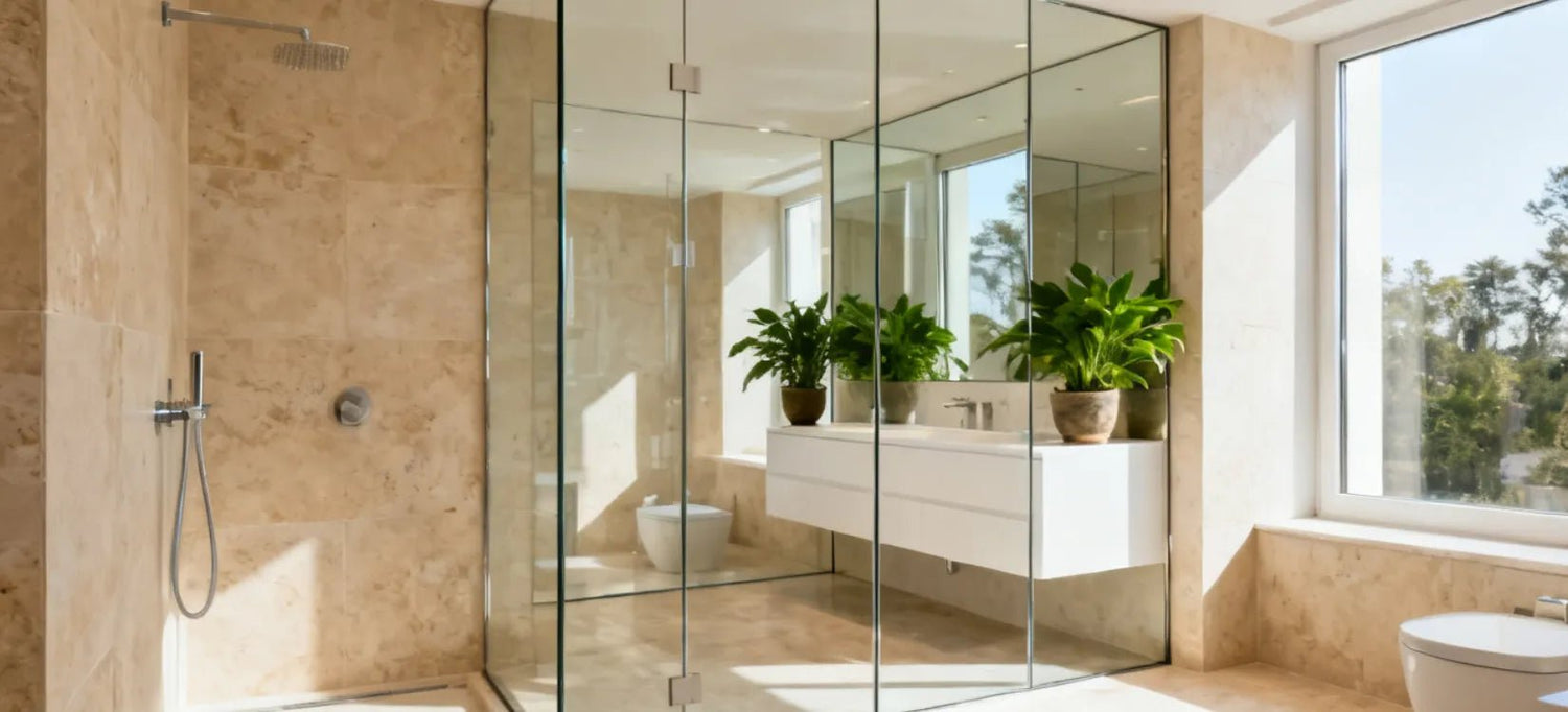 Paroi de douche miroir dans une salle de bain moderne : le vitrage réfléchissant agrandit la pièce.