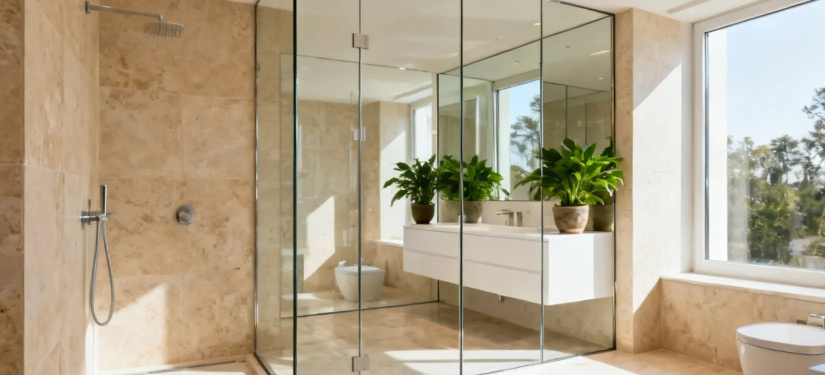 Paroi de douche miroir dans une salle de bain moderne : le vitrage réfléchissant agrandit la pièce.