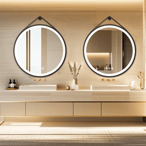 Miroir rond chauffant avec LED et cadre noir, installé dans une salle de bain lumineuse