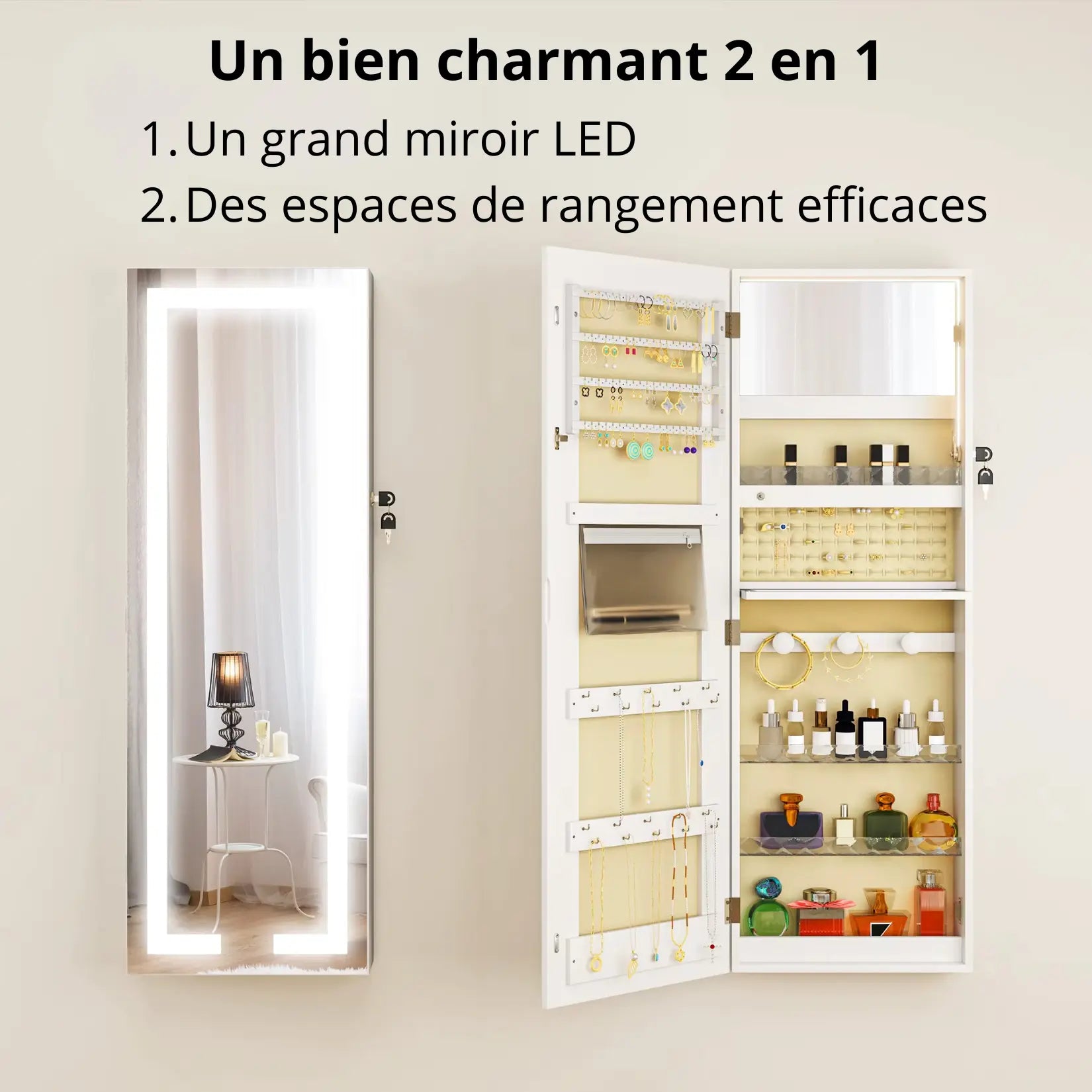 Armoire à bijoux avec miroir LED deux en un, grand miroir pleine longueur et espaces de rangement efficaces.