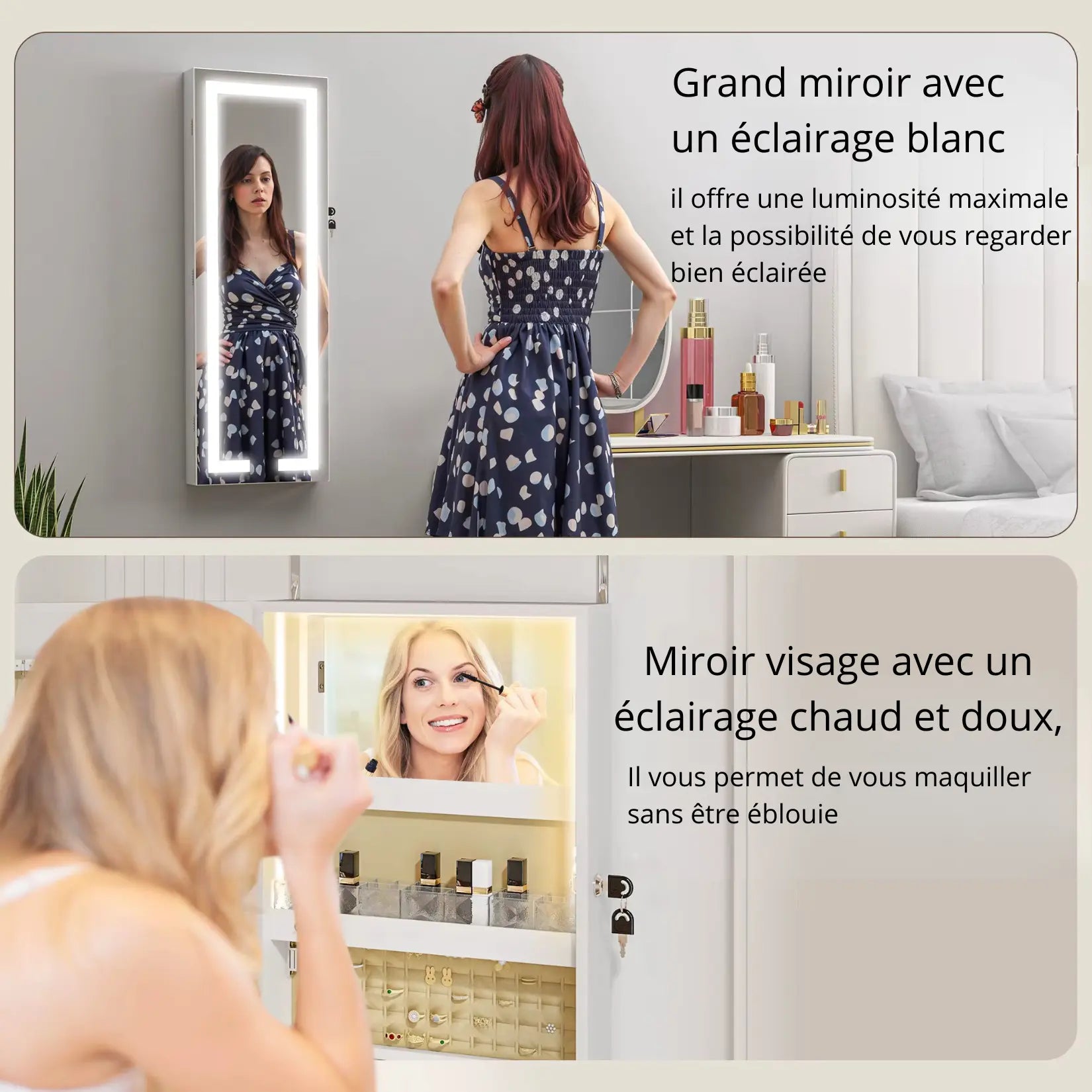 Armoire à bijoux avec miroir LED idéal pour maquillage, éclairage blanc et chaud pour une vision parfaite.