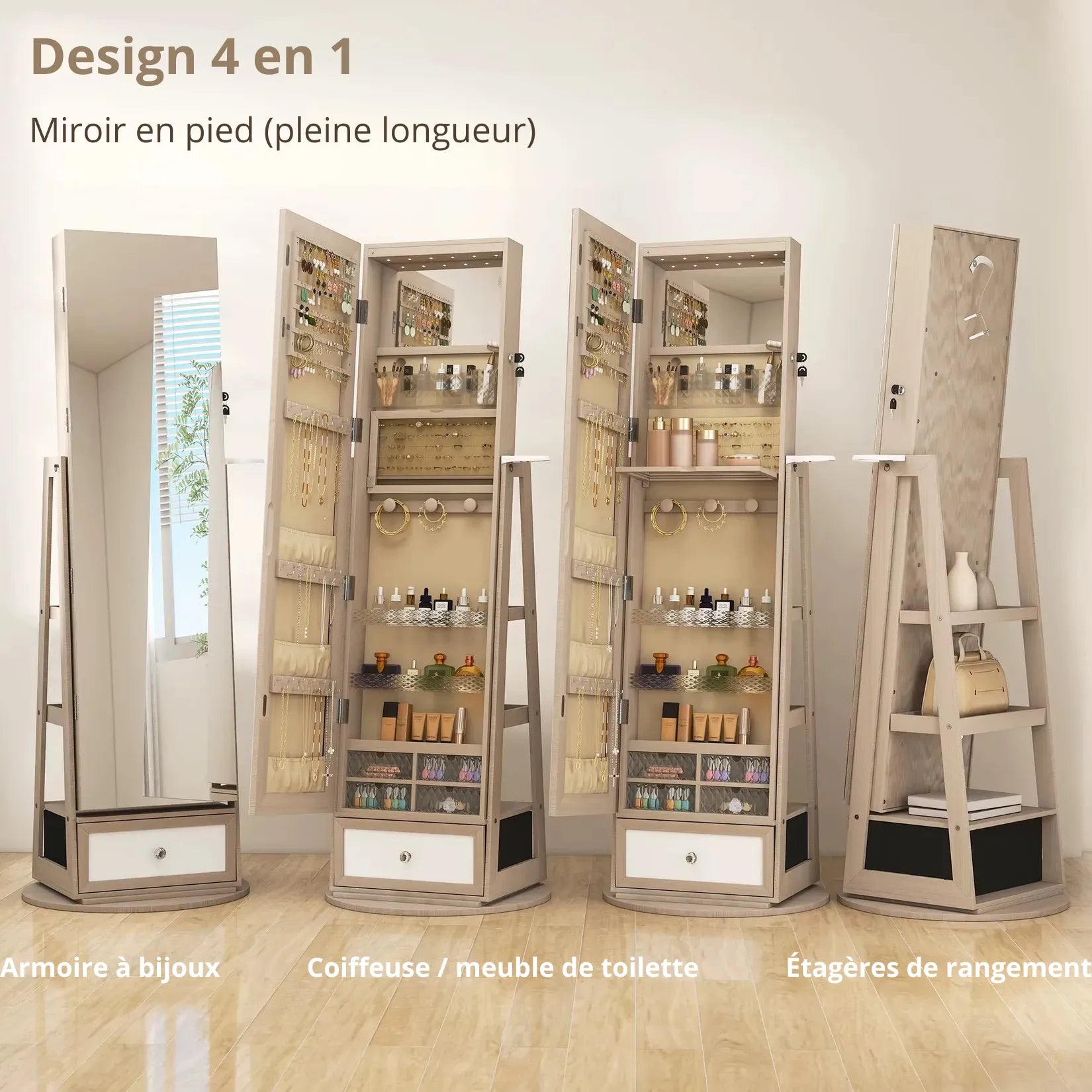 Armoire à Bijoux Miroir sur Pied Design 4 en 1 Rotative.