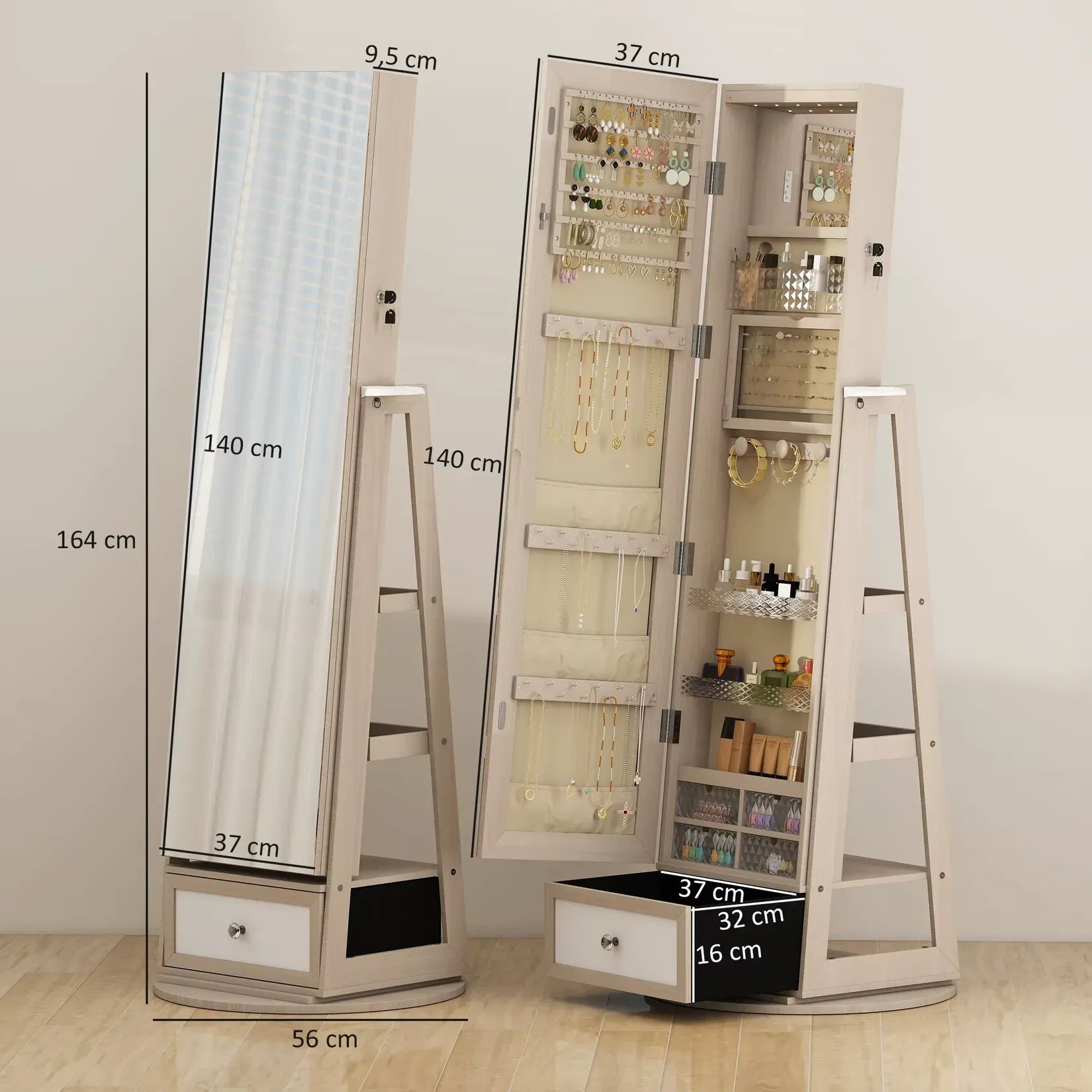 Armoire à Bijoux Miroir sur Pied Dimensions 164 cm.