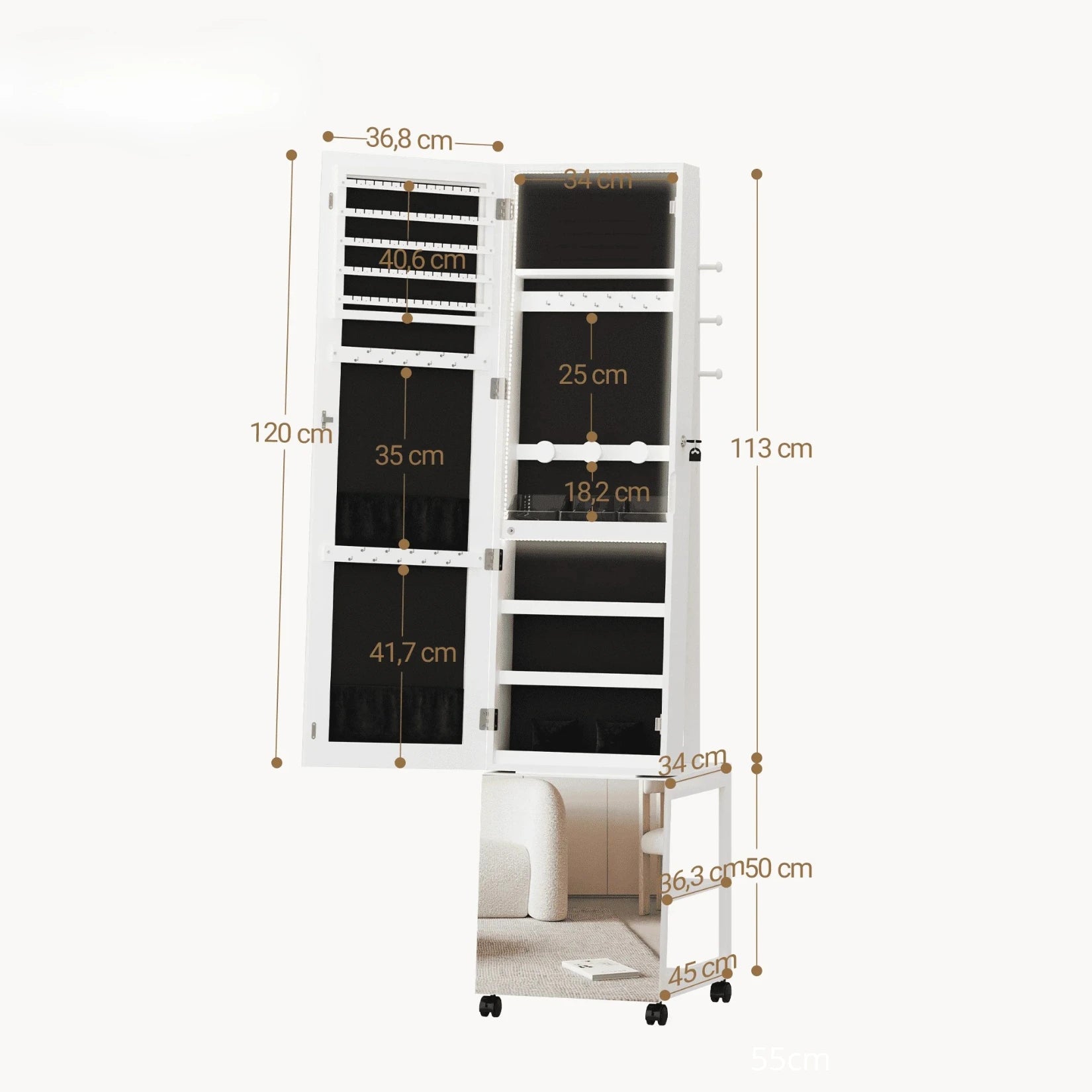 Vue détaillée des dimensions intérieures de l'Armoire à Bijoux Miroir sur Pied.