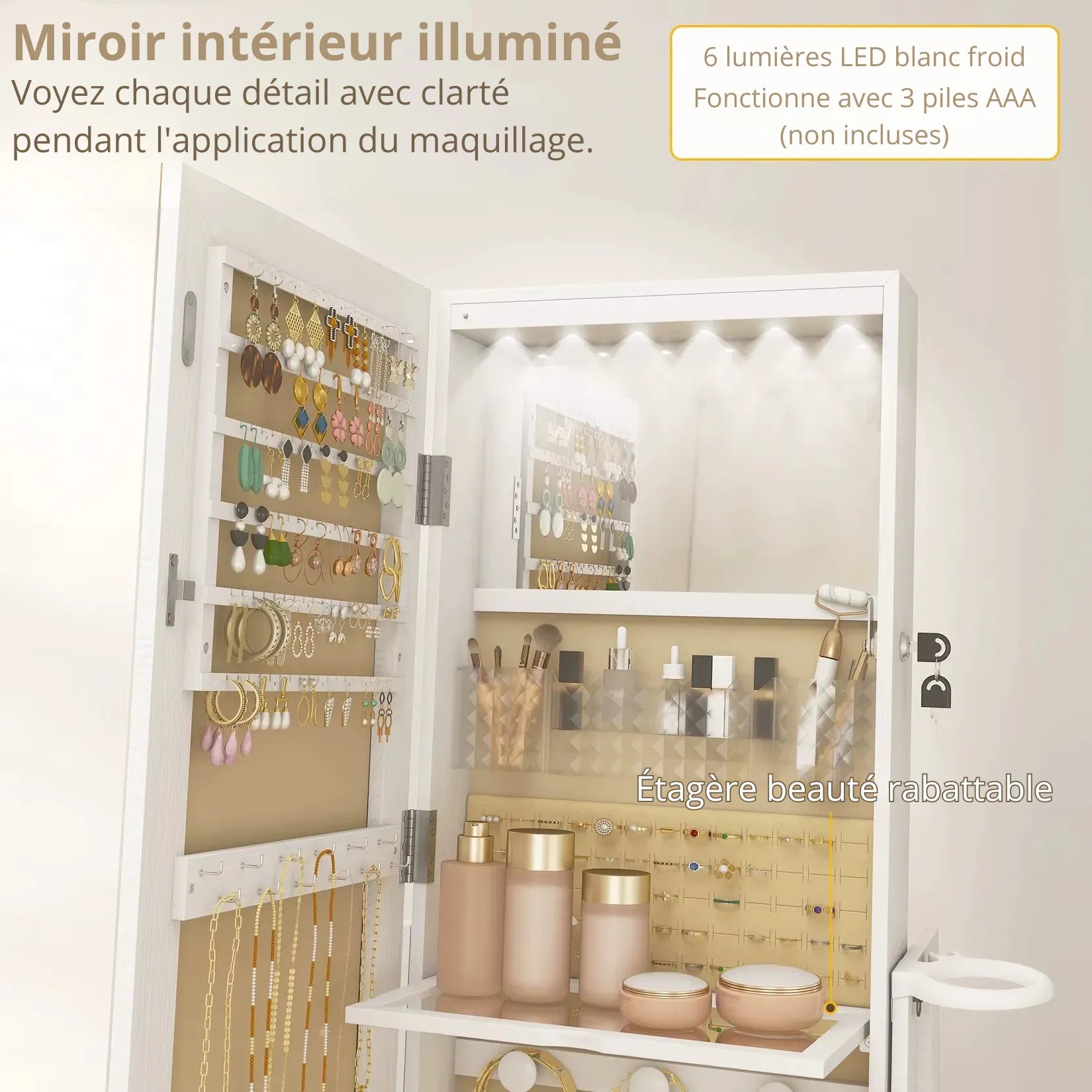 Armoire à Bijoux Miroir sur Pied Éclairage LED Intérieur.
