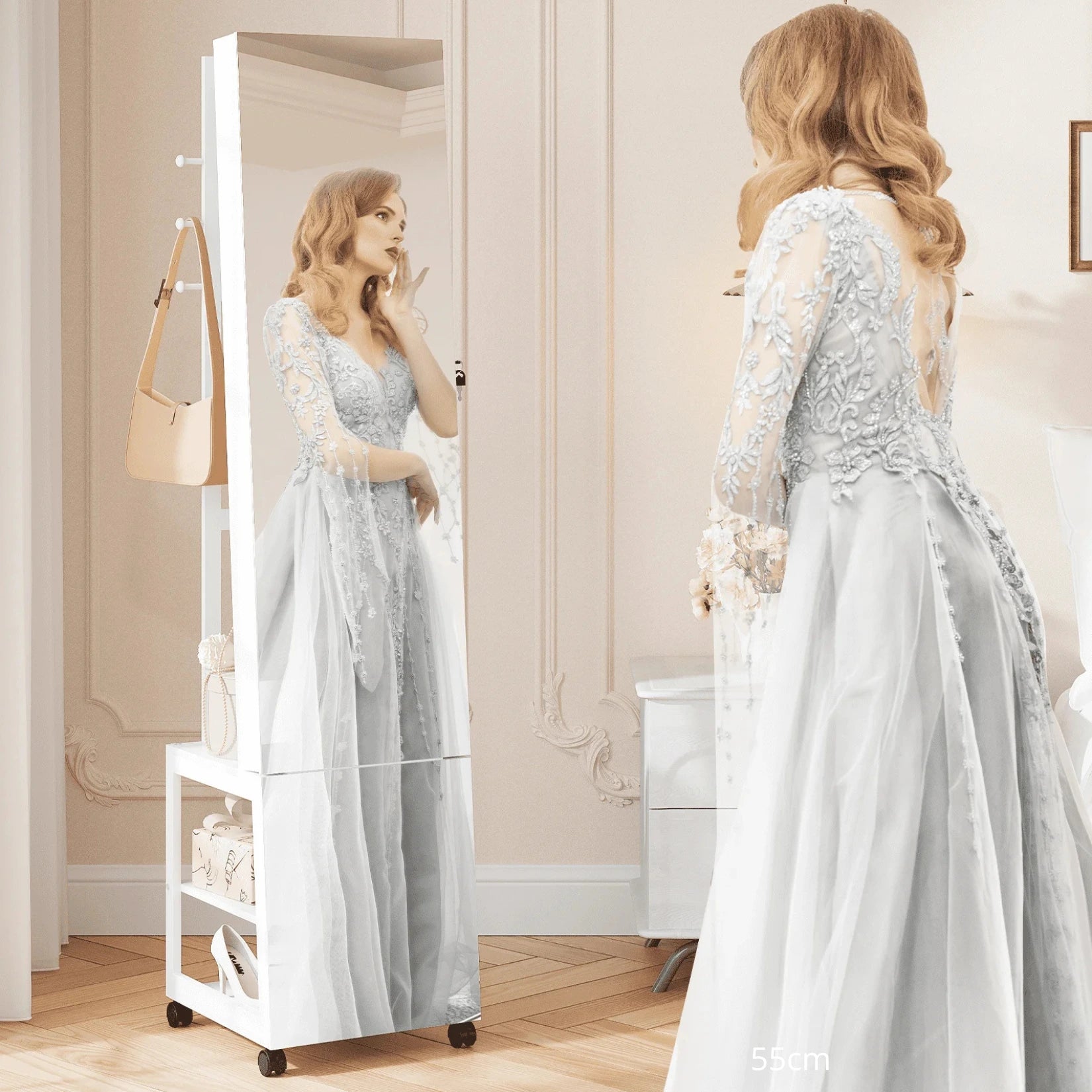 Femme élégante se maquillant devant l’Armoire à Bijoux Miroir sur Pied dans une chambre chic.