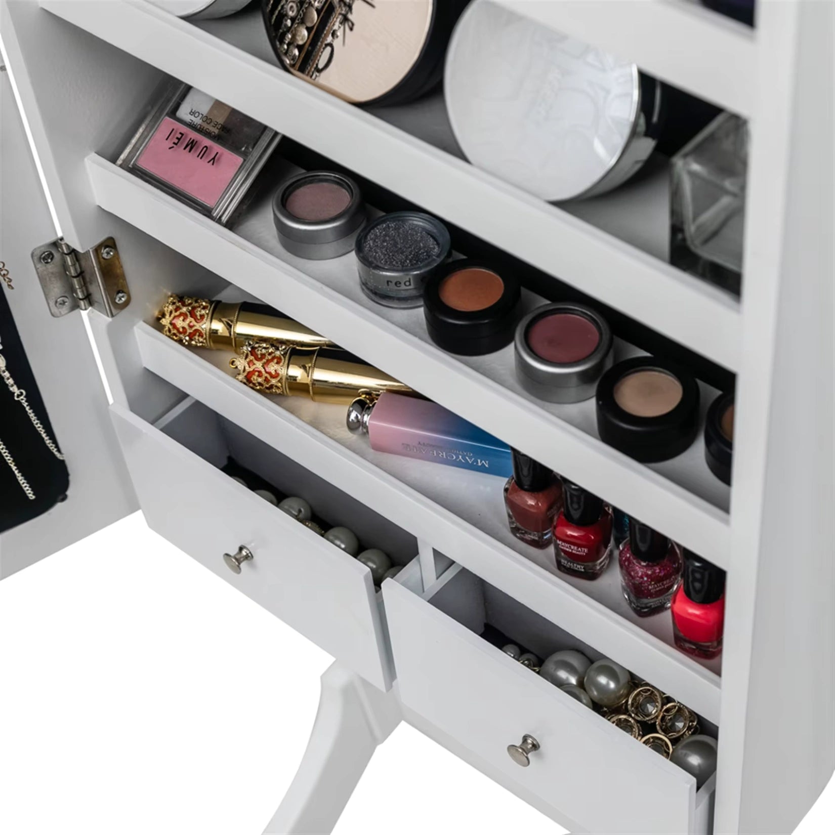 Compartiment de rangement maquillage et cosmétiques de l'armoire à bijoux miroir sur pied.
