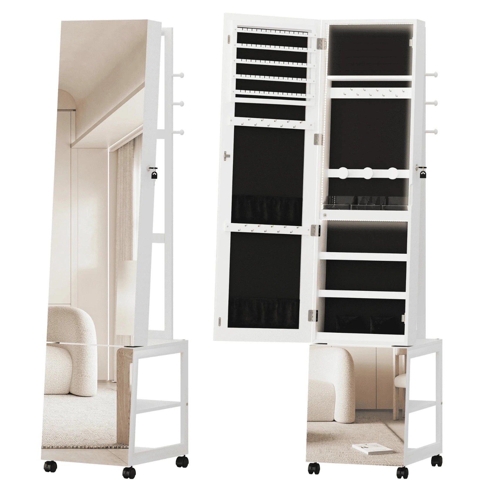 Armoire à Bijoux Miroir sur Pied présentée ouverte et fermée, design blanc moderne.