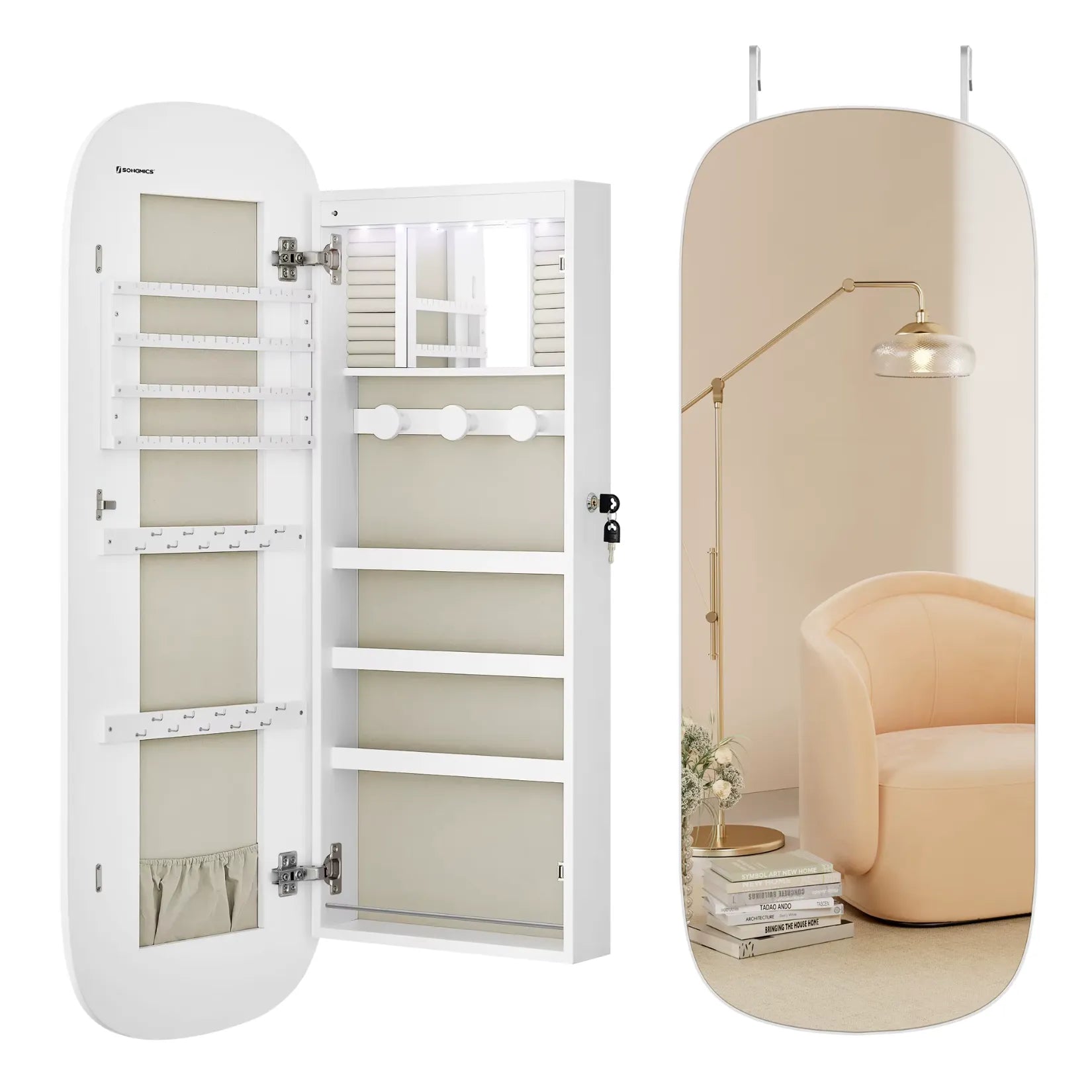 Armoire à bijoux murale ouverte avec rangements vides bien répartis.