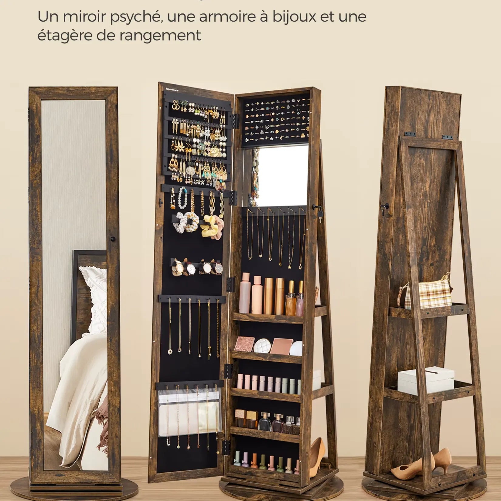 Vue triple d’une armoire à bijoux sur pied avec miroir, étagères latérales et structure arrière.