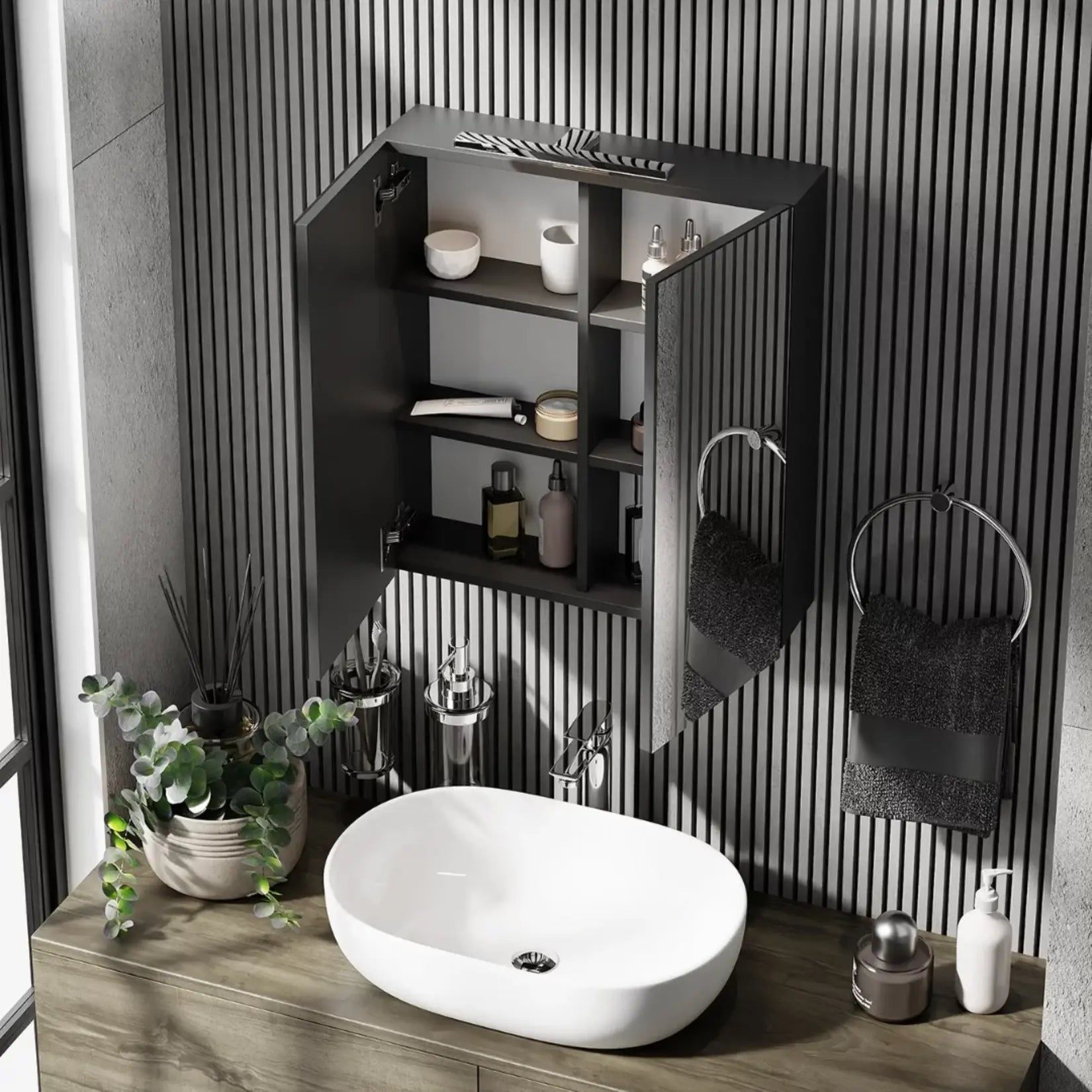 Armoire à miroir salle de bain 60 cm chêne doré ouverte vue du dessus.