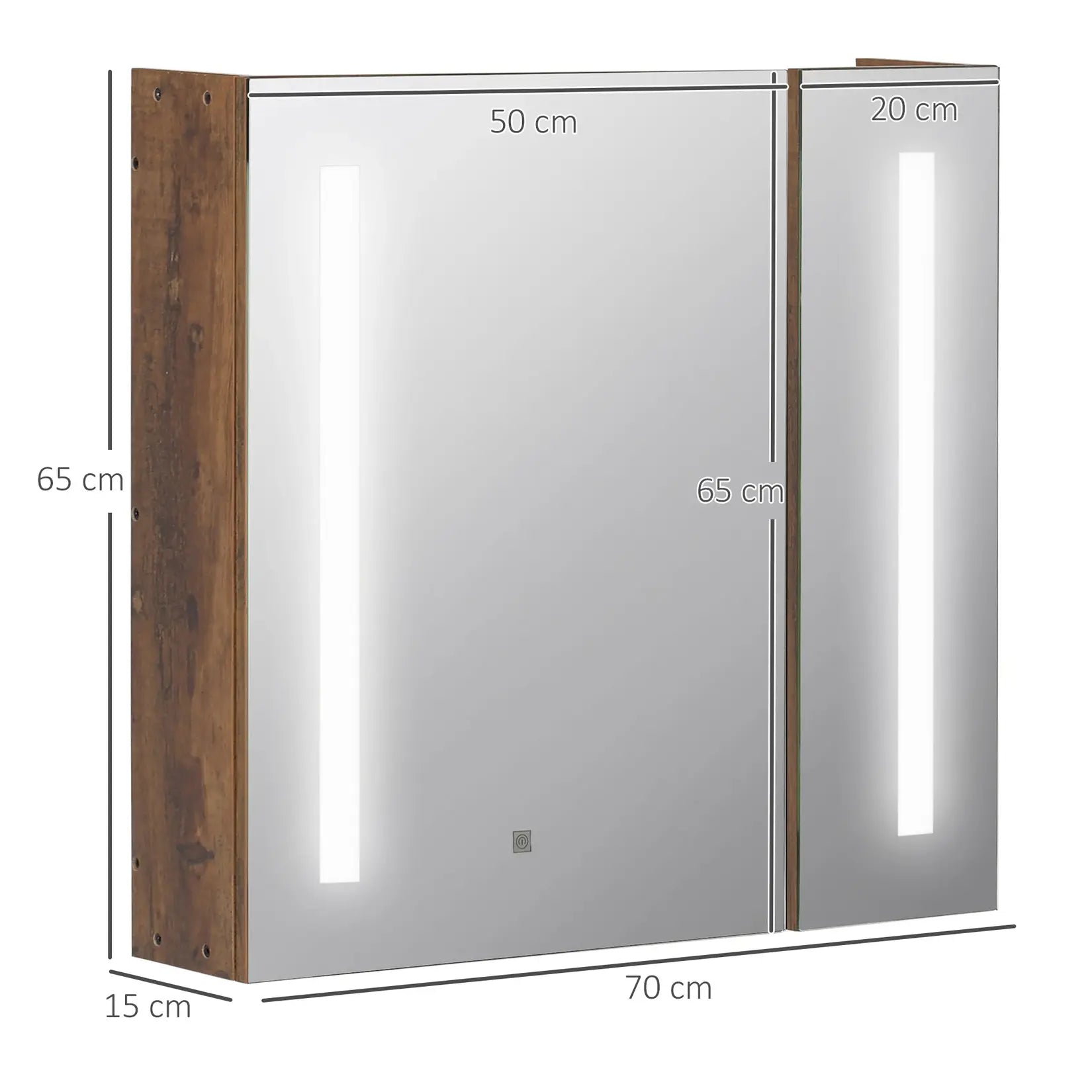 Armoire à miroir salle de bain dimensions 70x65x15 cm avec schéma technique détaillé.