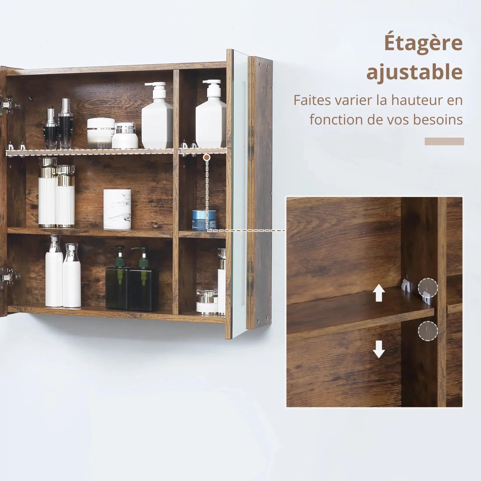 Armoire à miroir salle de bain avec étagères ajustables en hauteur selon vos besoins.