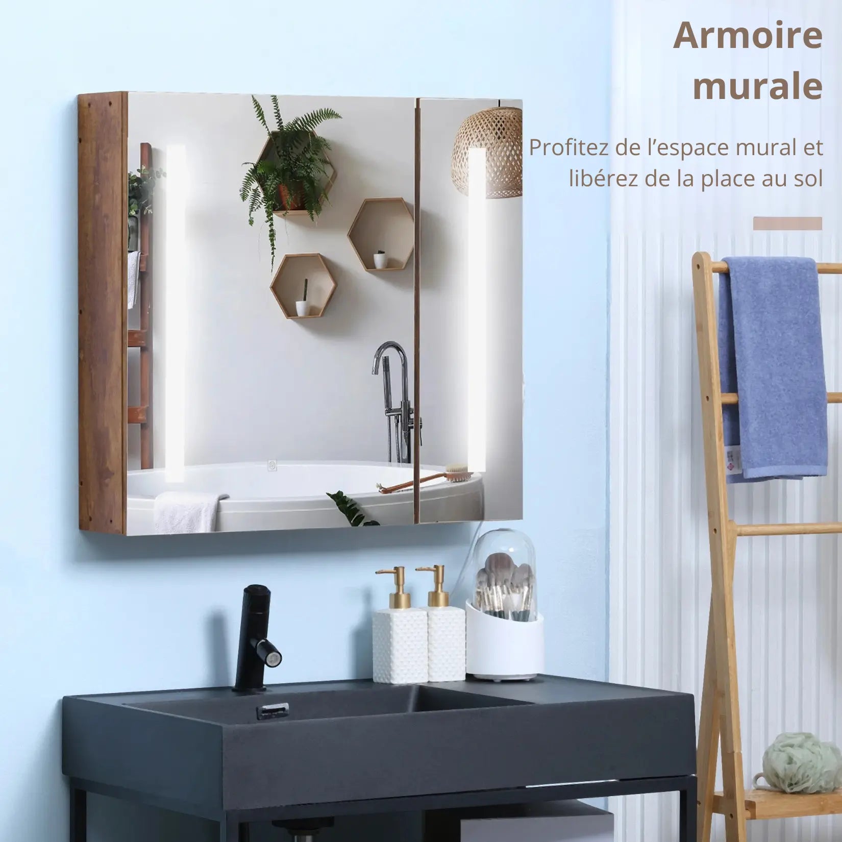Armoire à miroir salle de bain murale au design bois rustique avec double porte miroir.