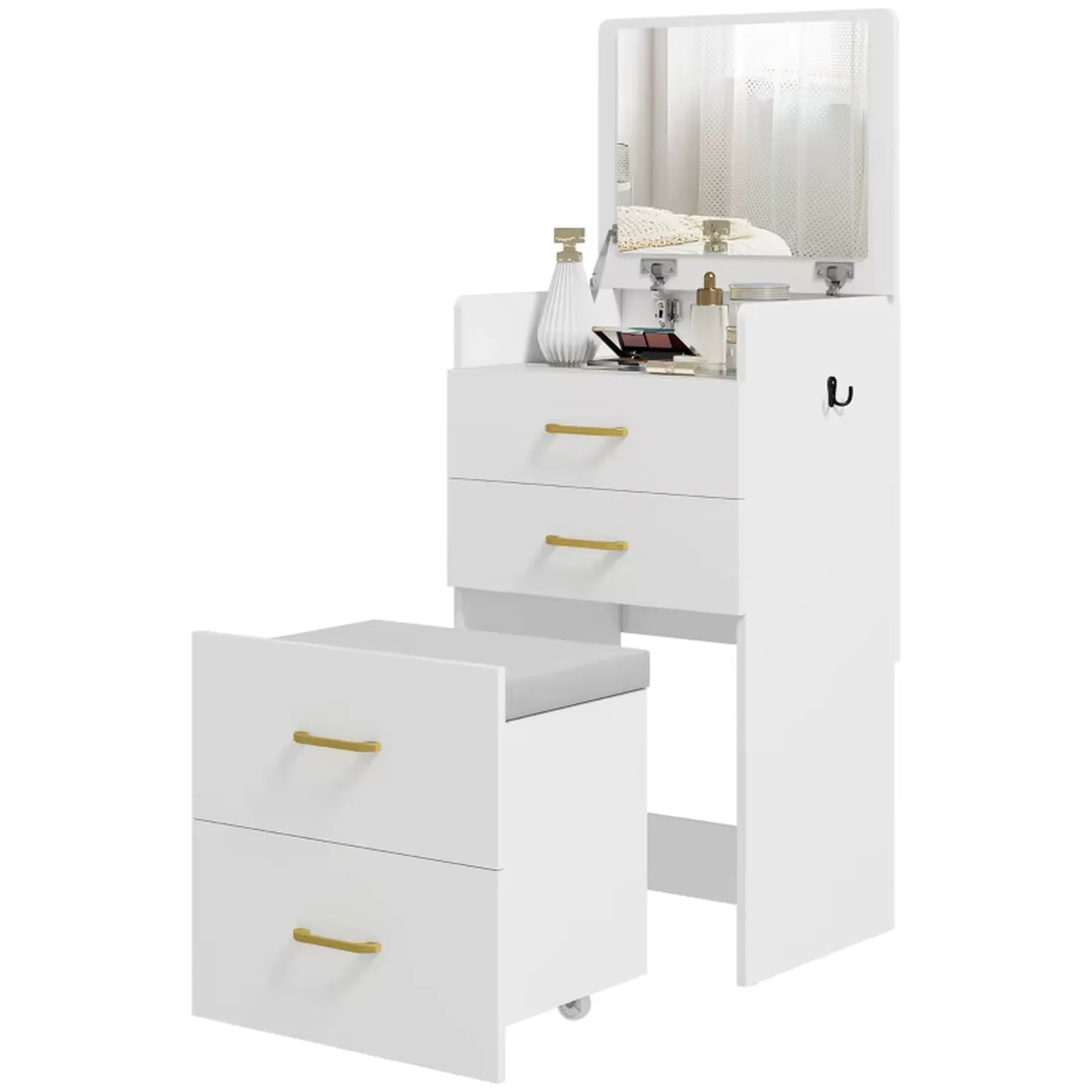 Armoire bijoux coiffeuse blanche poignées dorées sur fond clair.