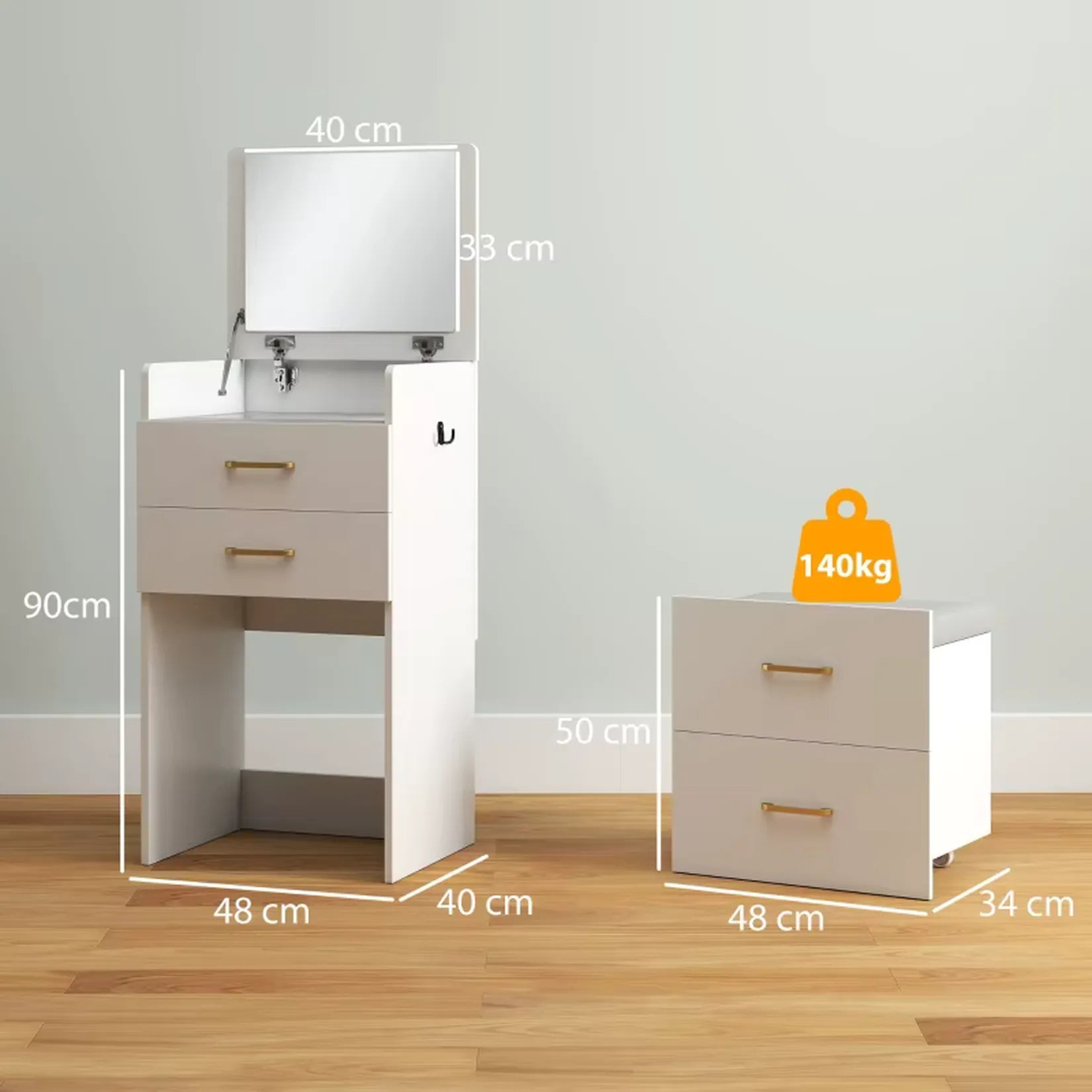 Armoire bijoux coiffeuse dimensions 48x40x90 cm et tabouret 48x34x50.