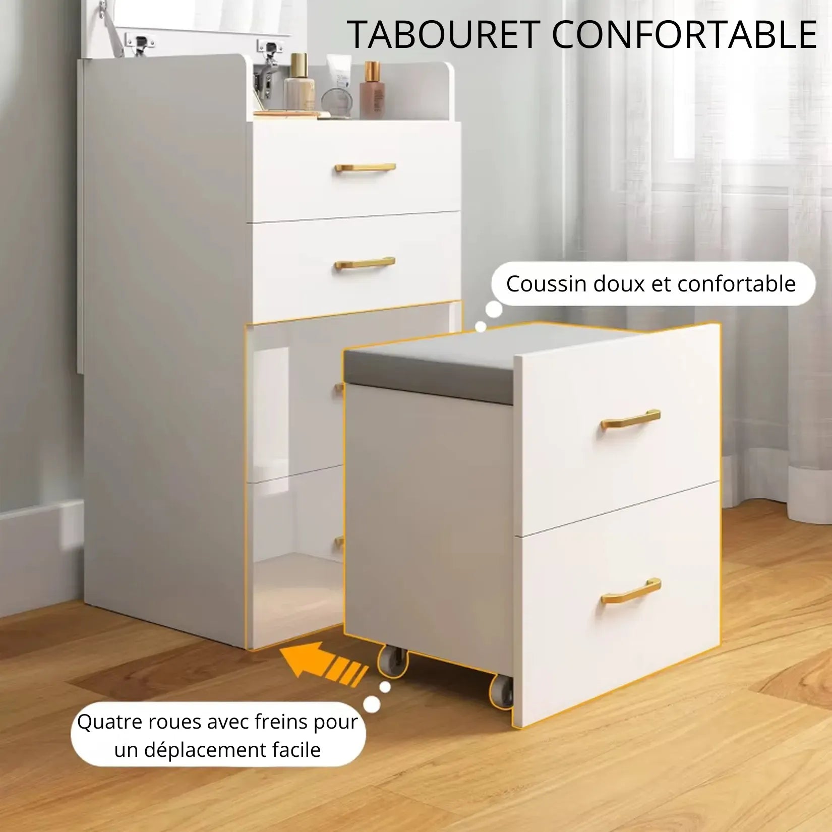 Armoire bijoux coiffeuse avec tabouret rembourré sur roulettes freinées.
