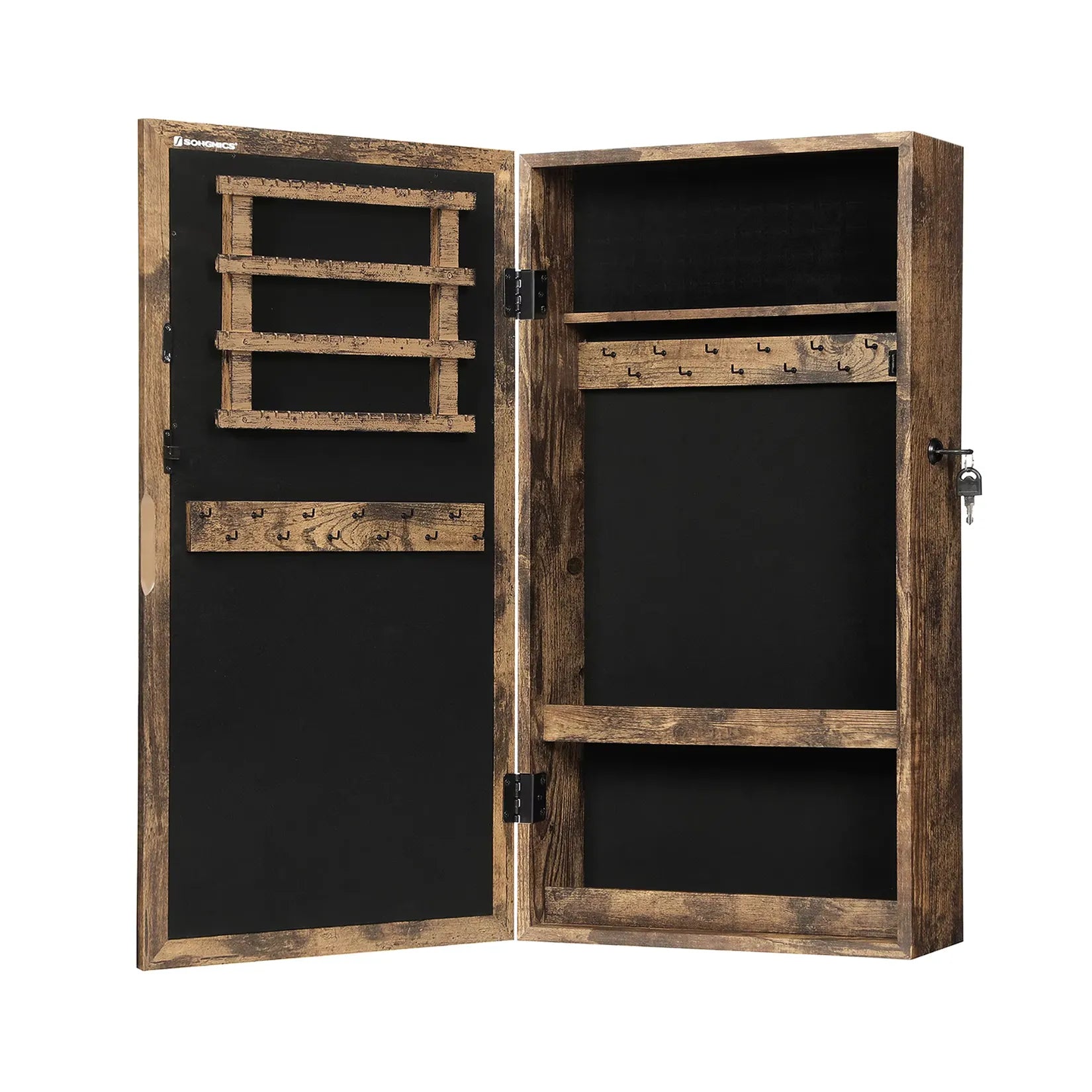 Armoire à bijoux avec miroir en bois rustique ouverte et vide.
