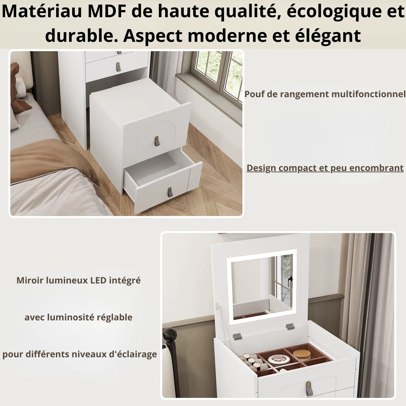 Armoire Bijoux blanche avec miroir LED lumineux, tabouret de rangement et design compact pour coin beauté.