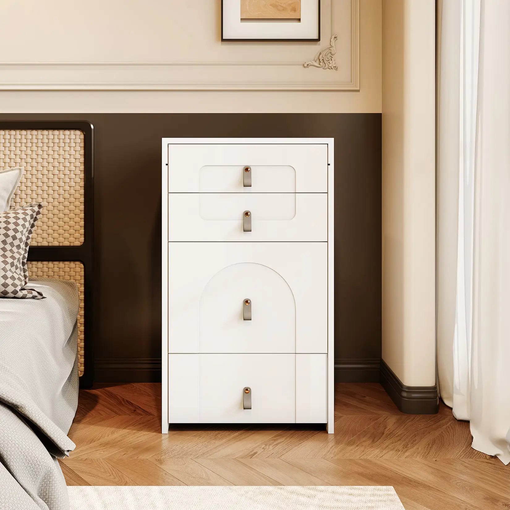 Armoire Bijoux fermée vue de face avec finitions modernes et structure verticale dans une chambre élégante.