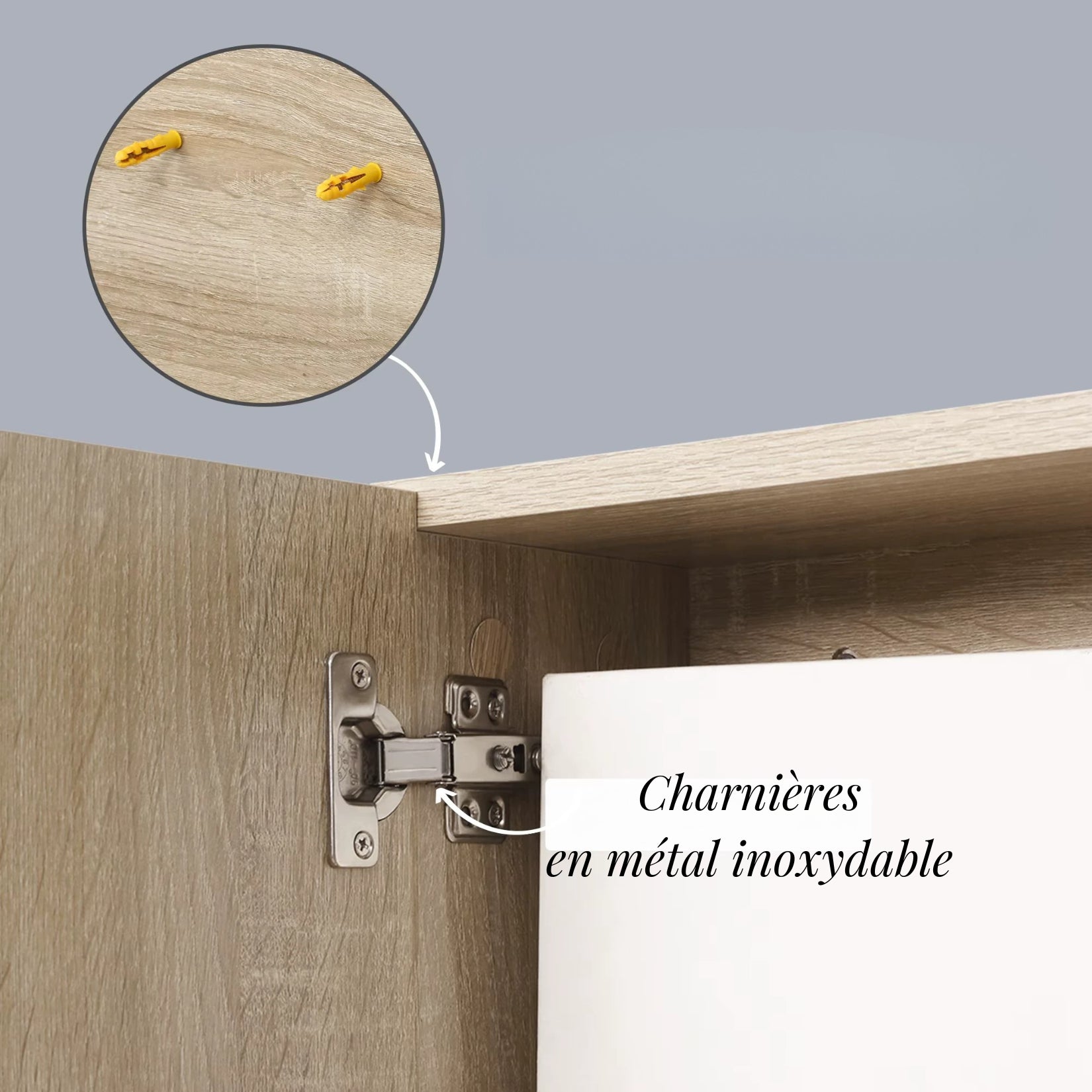 Charnières en métal inoxydable de l’armoire miroir salle de bain 60 cm, robustesse et durabilité
