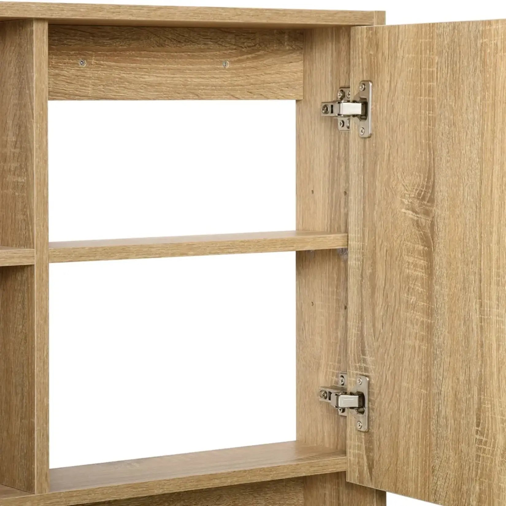 Armoire miroir salle de bain 60 cm compartiment fermé avec étagère ajustable et charnières métalliques.