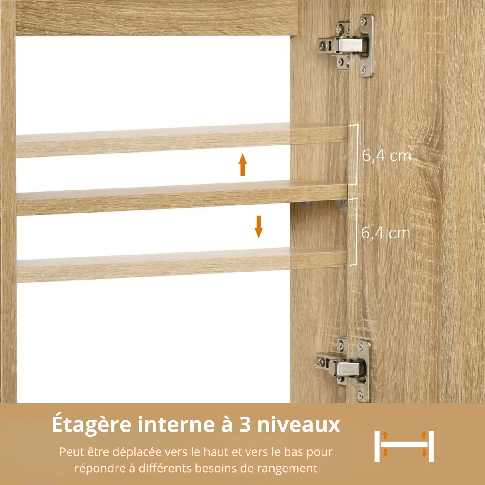 Armoire miroir salle de bain 60 cm étagère intérieure modulable sur trois niveaux de hauteur.