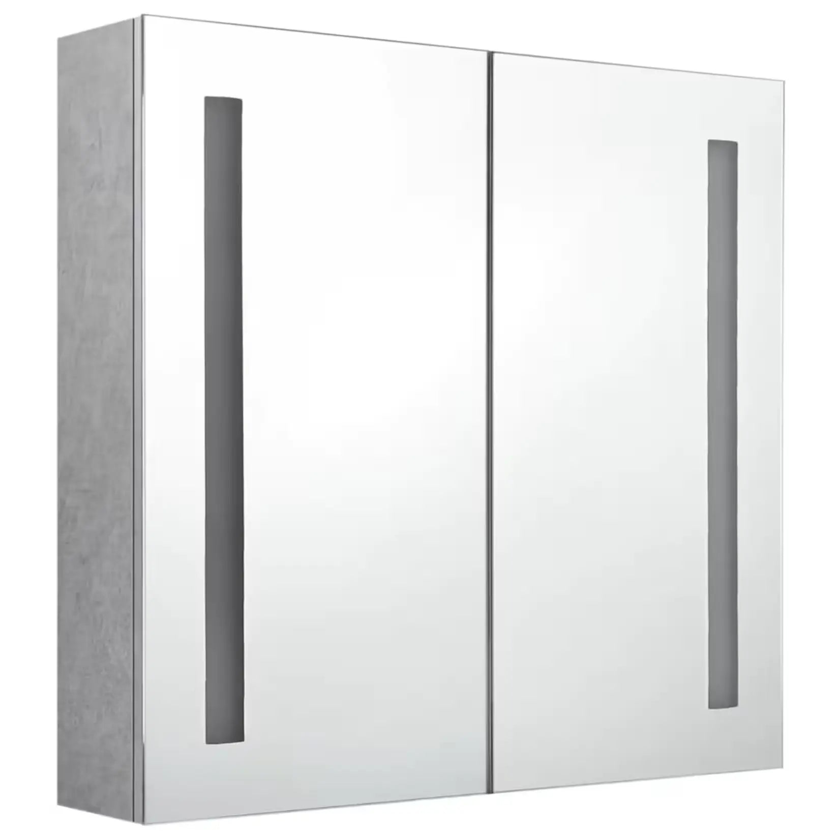 Armoire miroir salle de bain 60 cm vue de face portes fermées avec finitions grises béton et éclairage LED intégré.