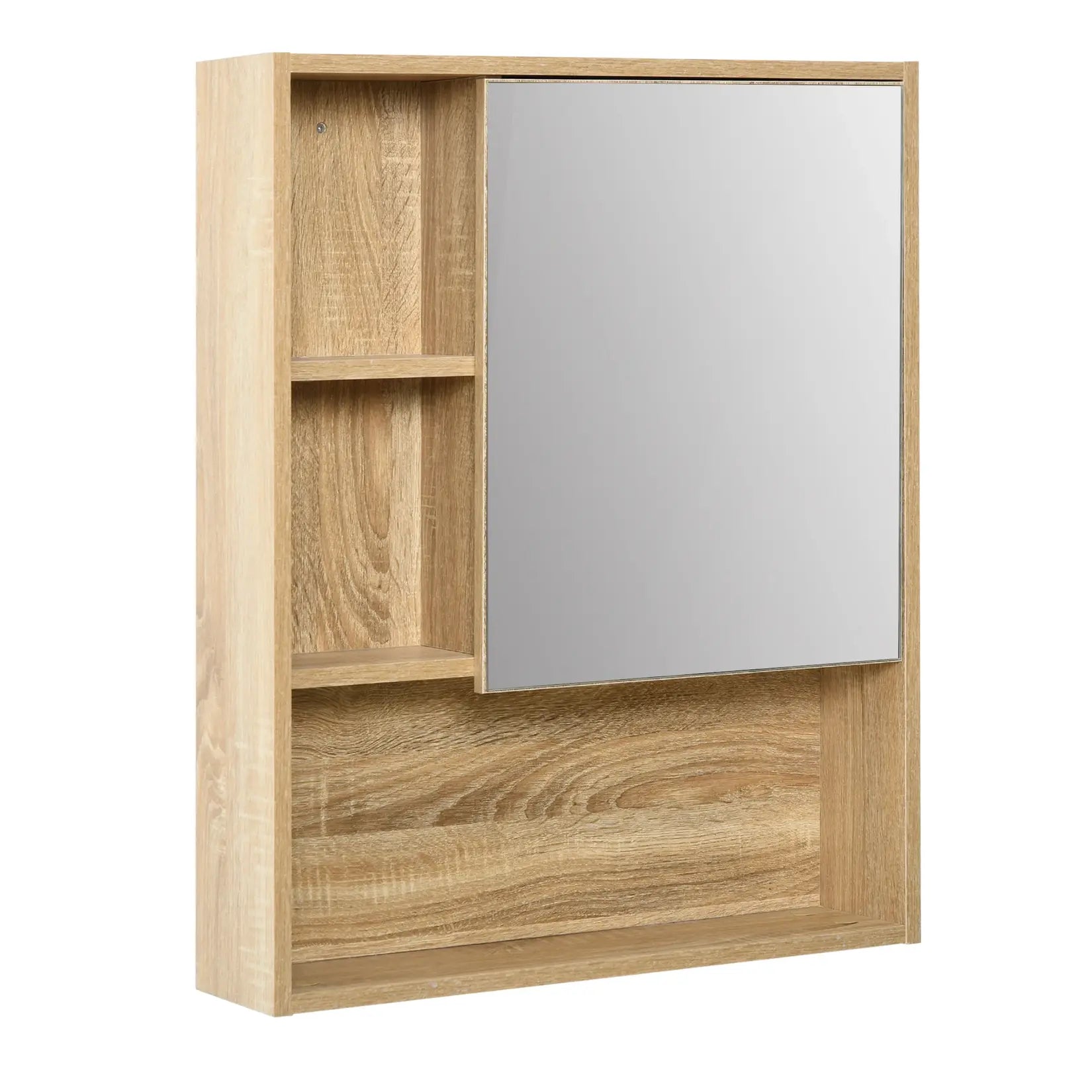 Armoire miroir salle de bain 60 cm porte miroir sur charnières avec étagères latérales ouvertes.