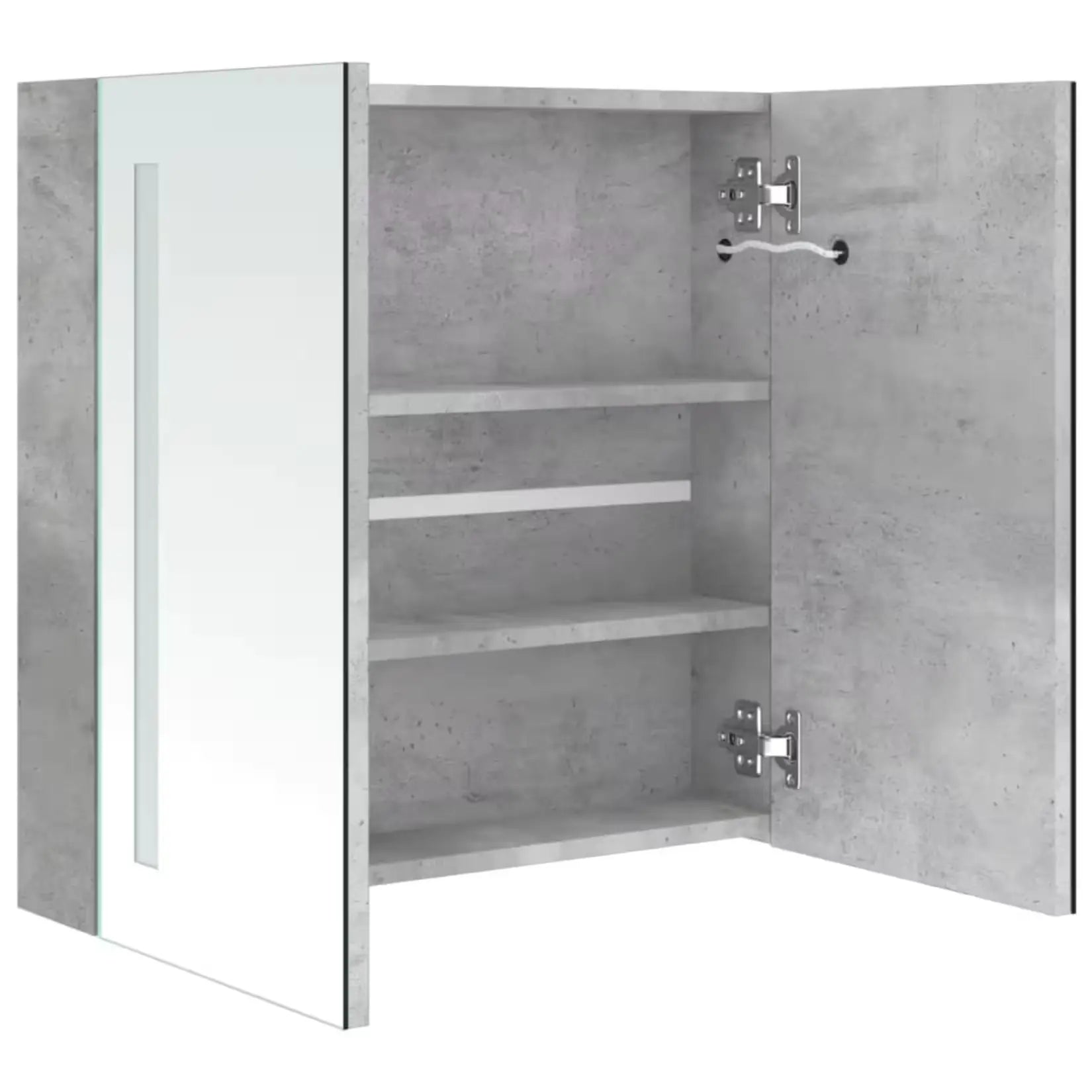 Armoire miroir salle de bain 60 cm ouverte montrant les 3 étagères de rangement intérieures en finition gris béton.