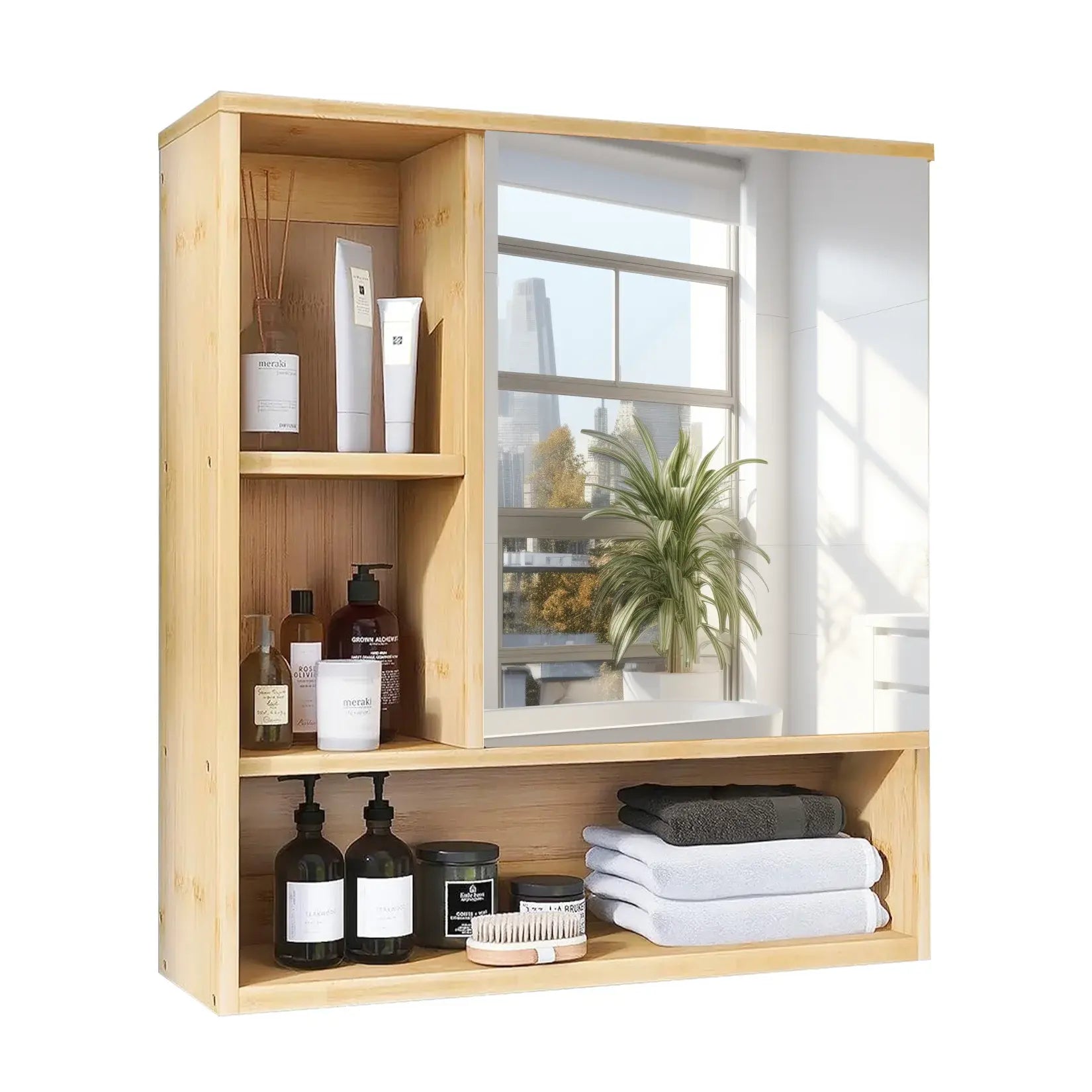 Armoire miroir salle de bain bambou vue en perspective avec tous les compartiments visibles.