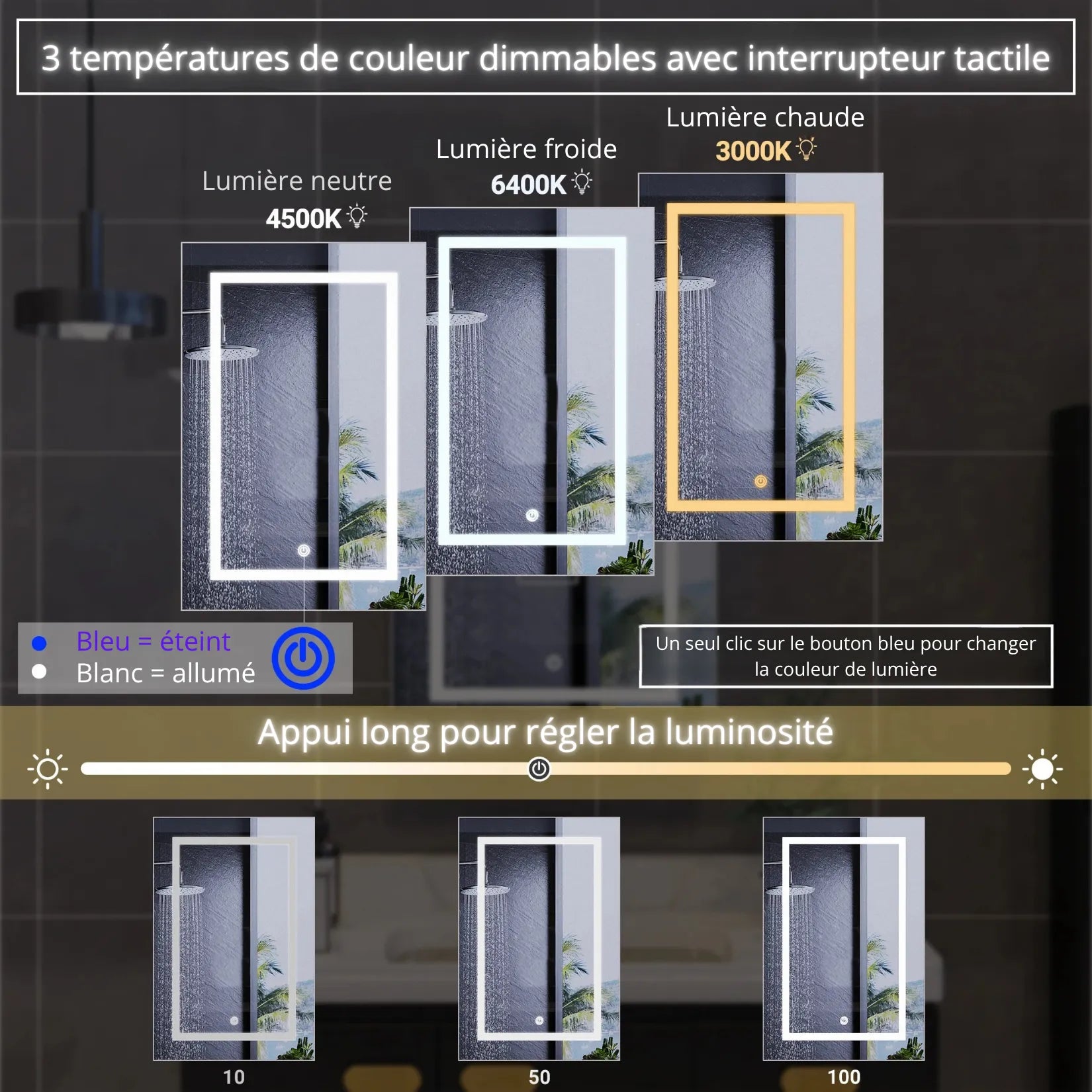 Armoire à Miroir Salle de Bain LED – 3 températures couleur neutre froide chaude dimmable.