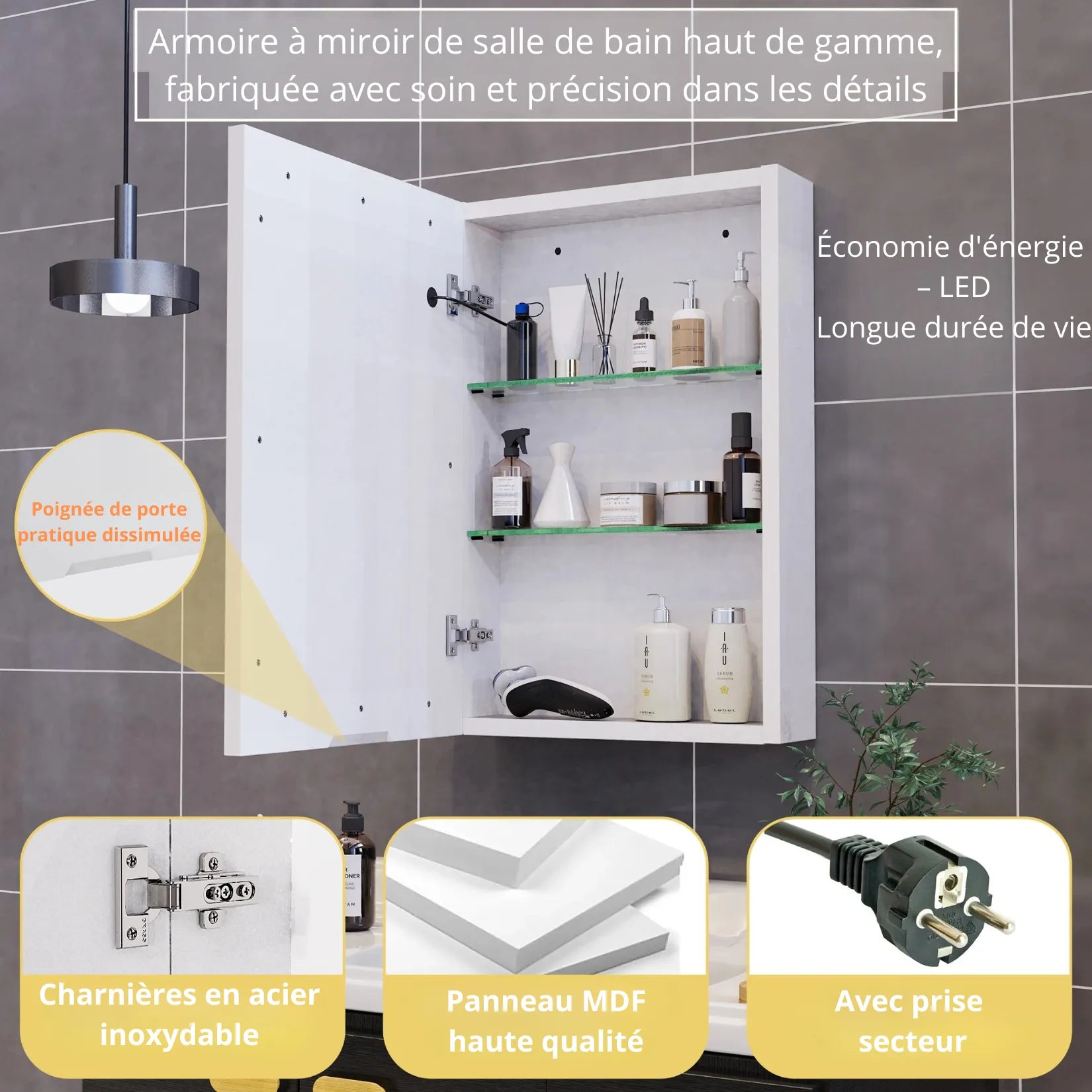 Armoire Miroir Salle de Bain LED – charnières inox silencieuses MDF hydrofuge prise secteur.