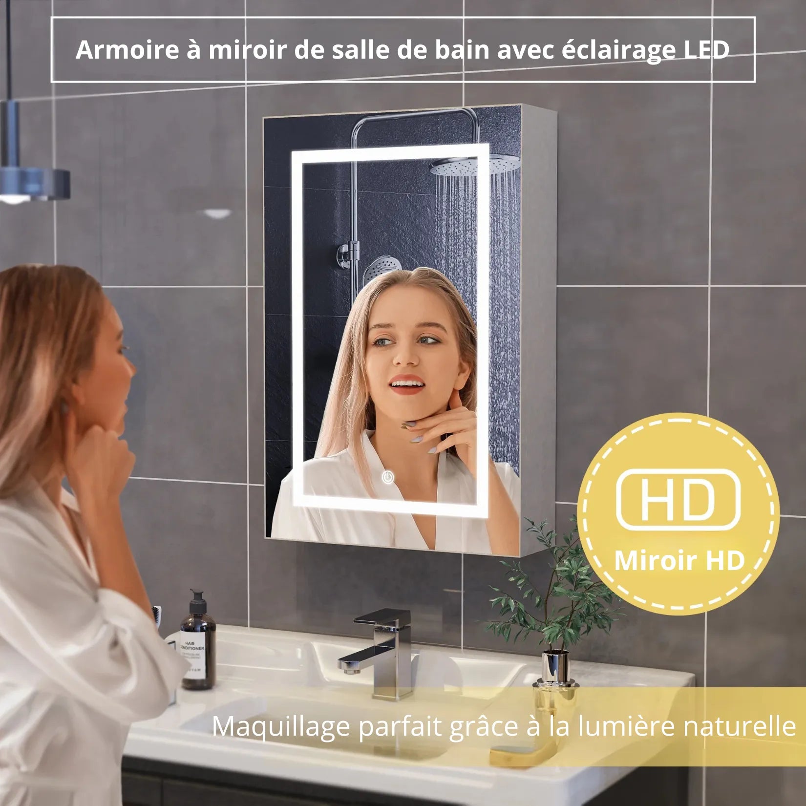 Armoire à Miroir Salle de Bain LED 50×70 cm – maquillage précis lumière naturelle miroir HD.