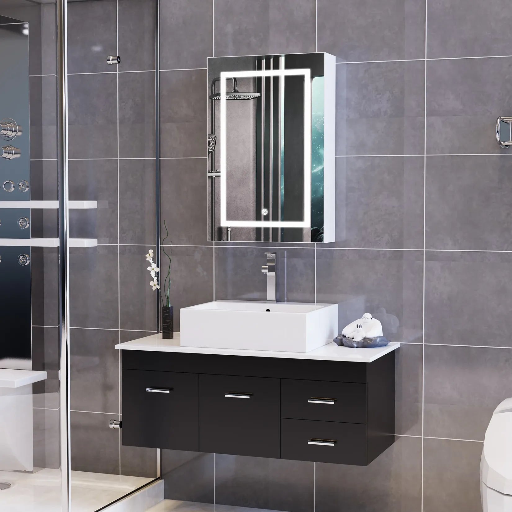 Armoire à Miroir Salle de Bain LED porte entrouverte, étagères rangement cosmétiques visibles.