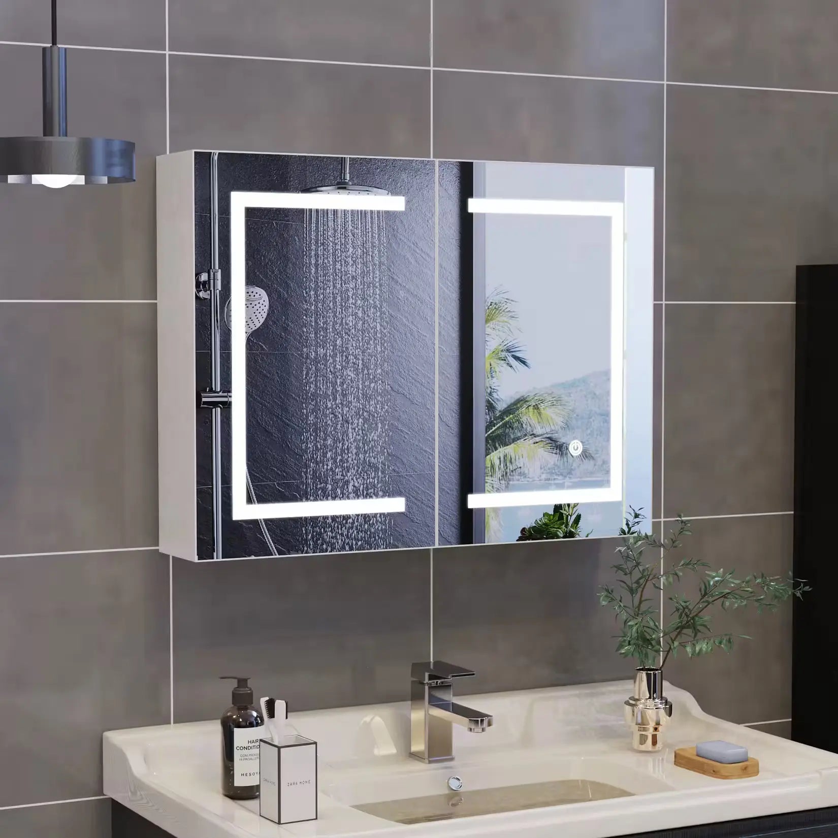 Armoire Miroir Salle de Bain Murale LED double porte éclairage allumé.
