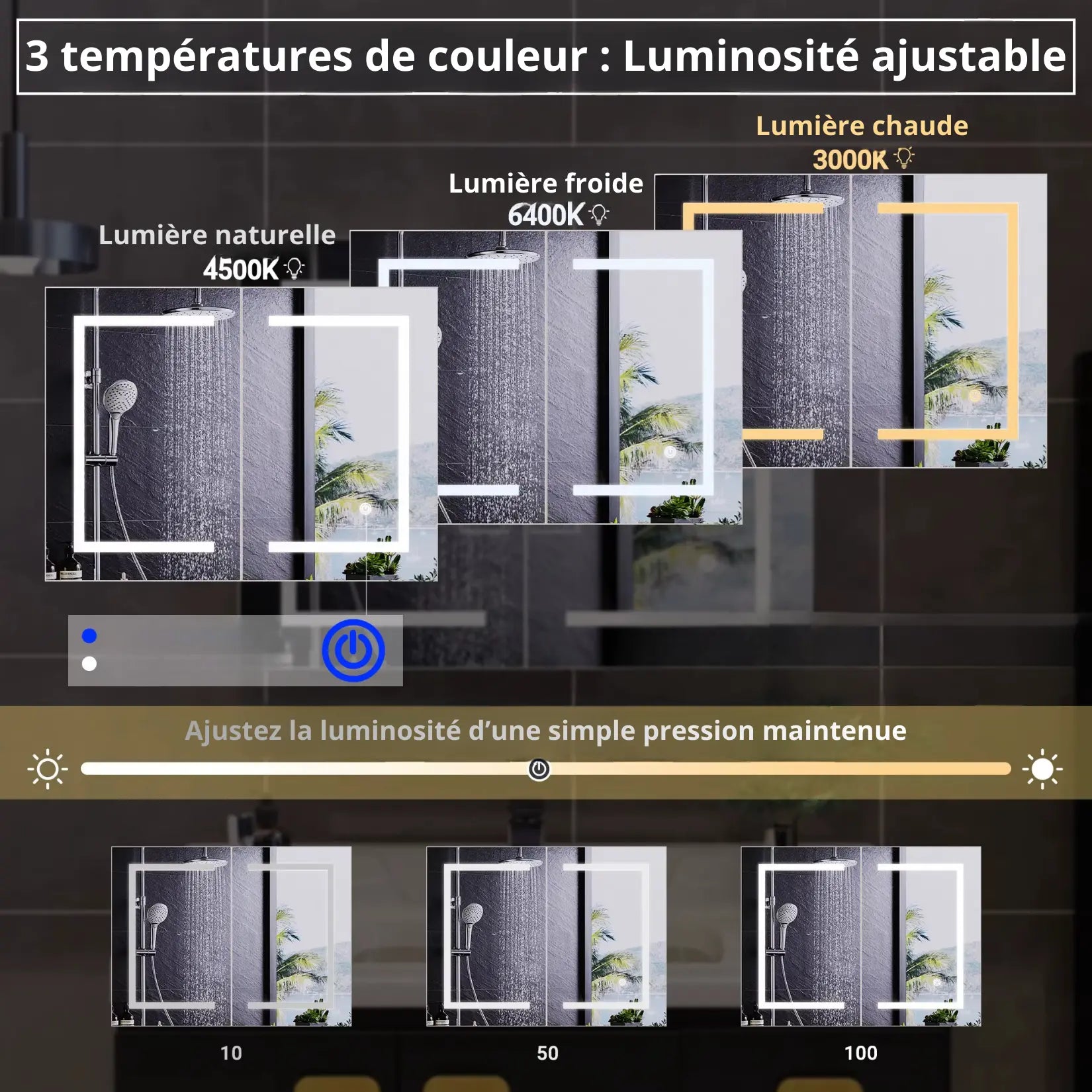 Armoire Miroir Salle de Bain Murale LED trois températures de couleur et luminosité réglable.