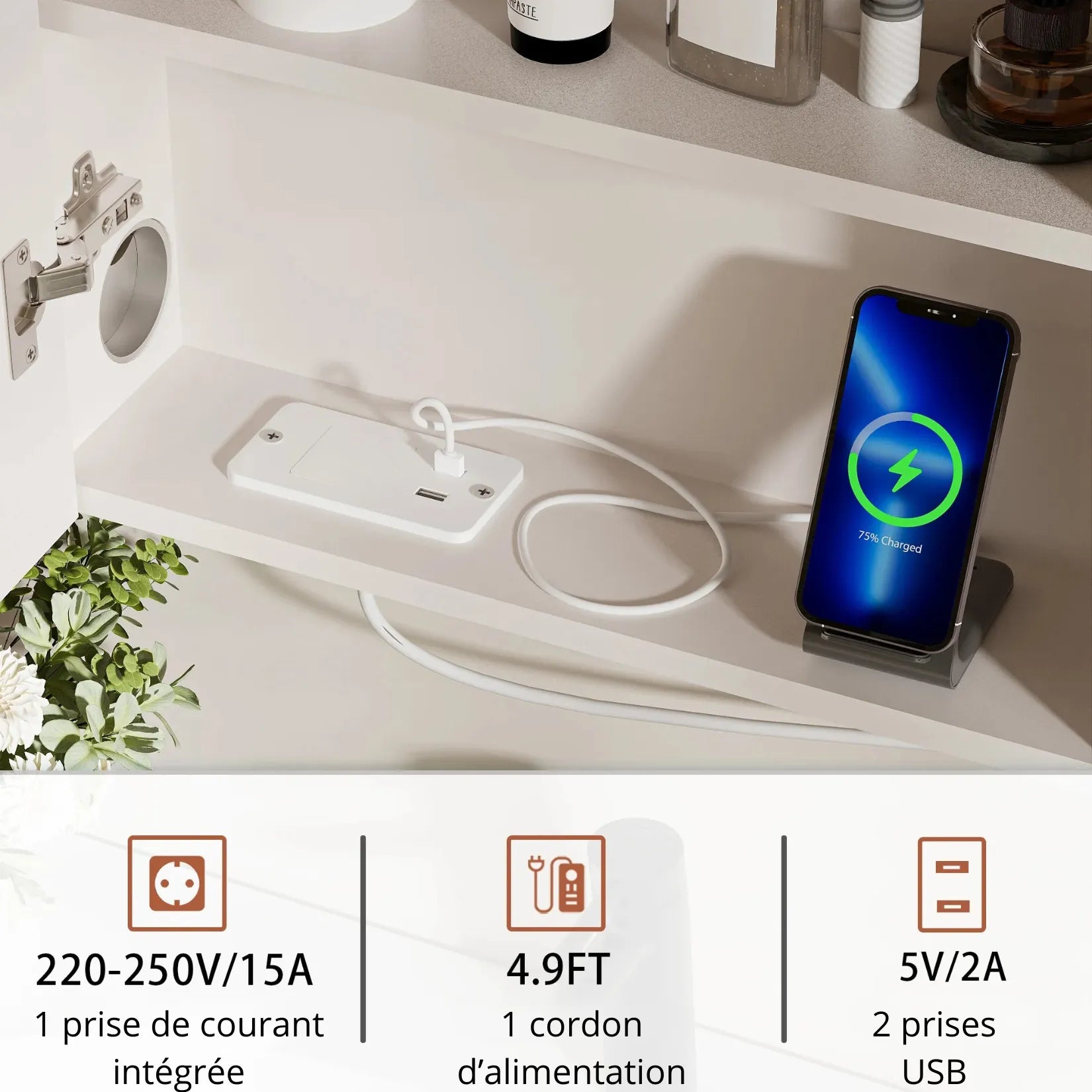 Armoire miroir salle de bain avec prise et USB intégrés.