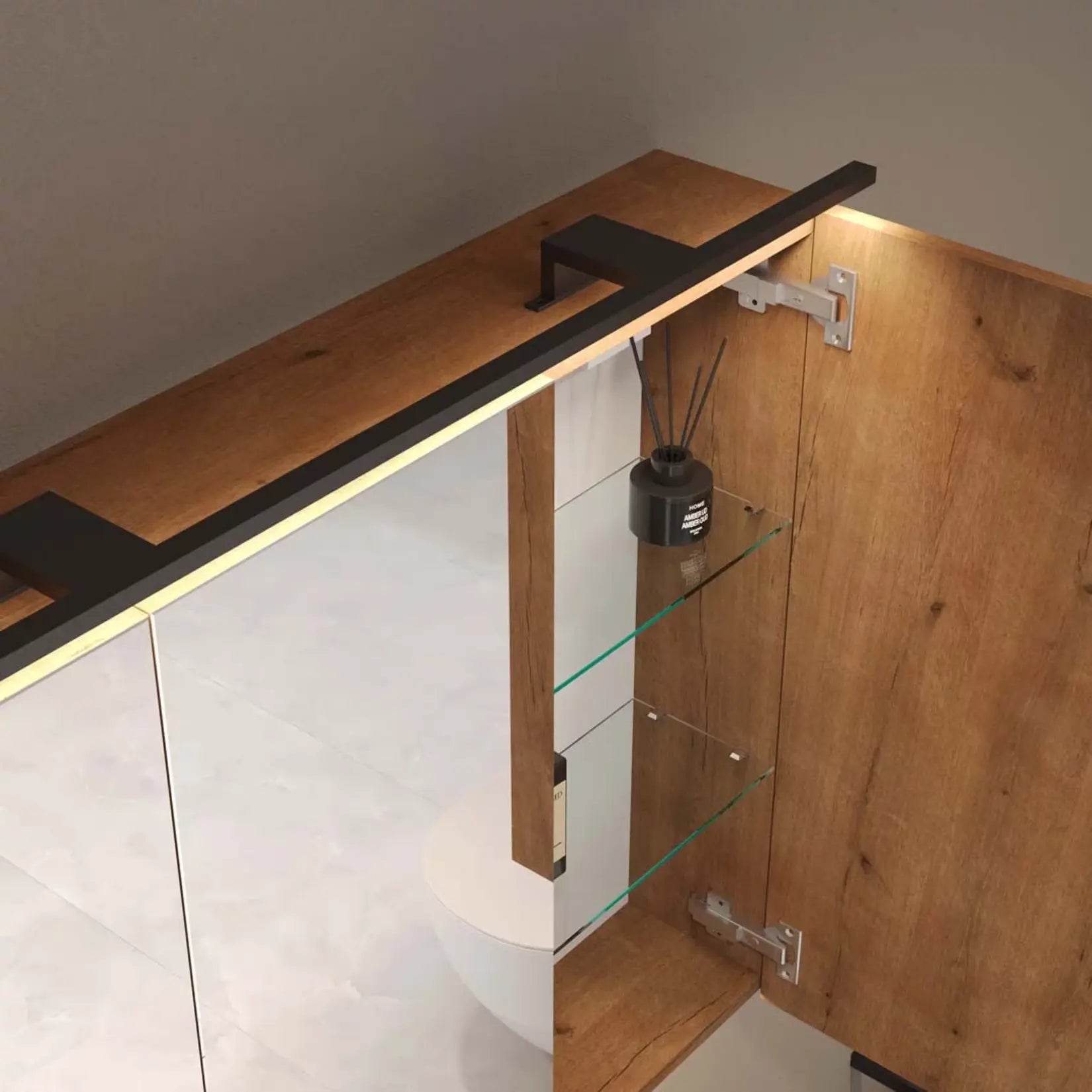 Détail des charnières intérieures de l’armoire salle de bain miroir 120 cm avec étagères en verre.