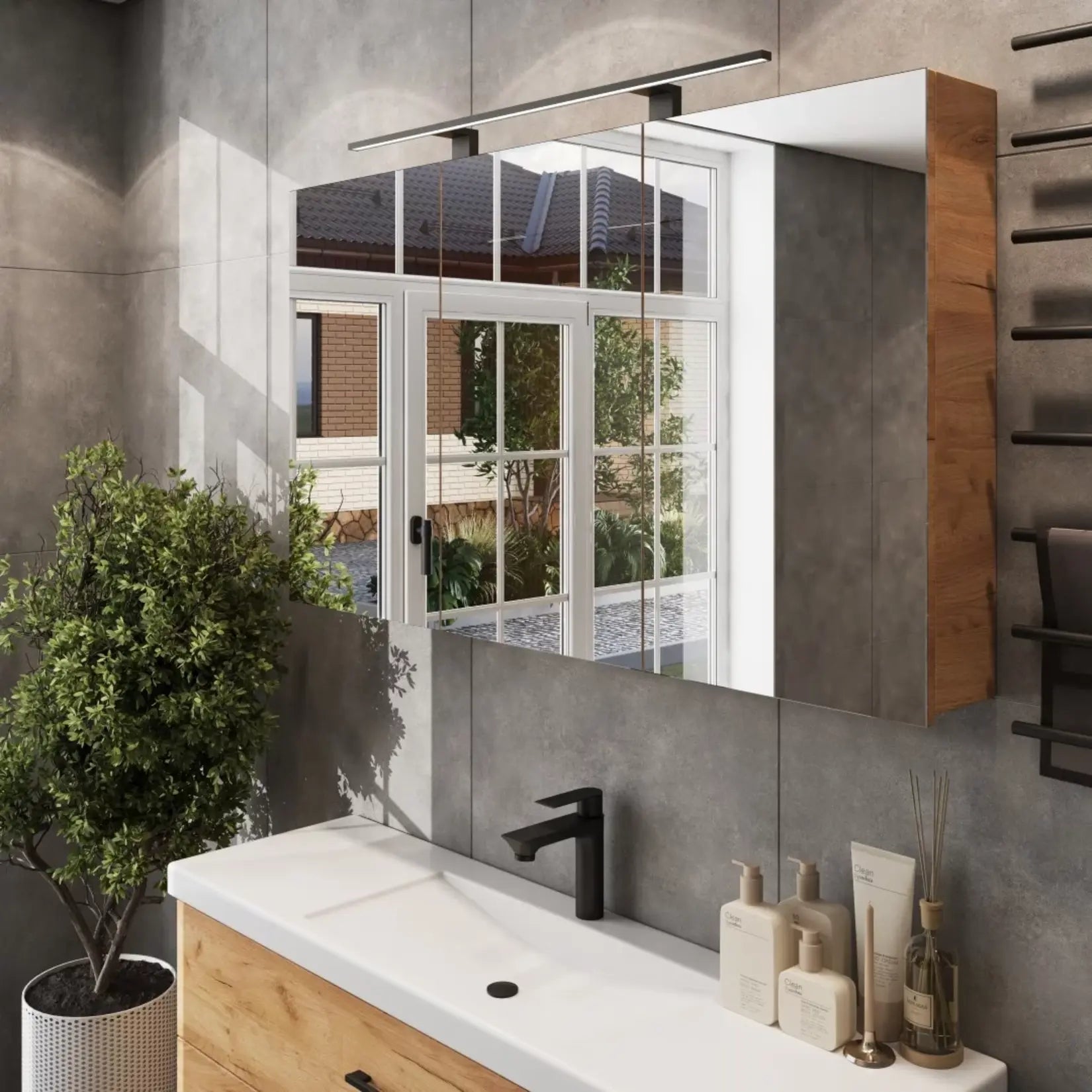 Armoire salle de bain miroir 120 cm fermée vue de face avec éclairage et finition chêne doré.