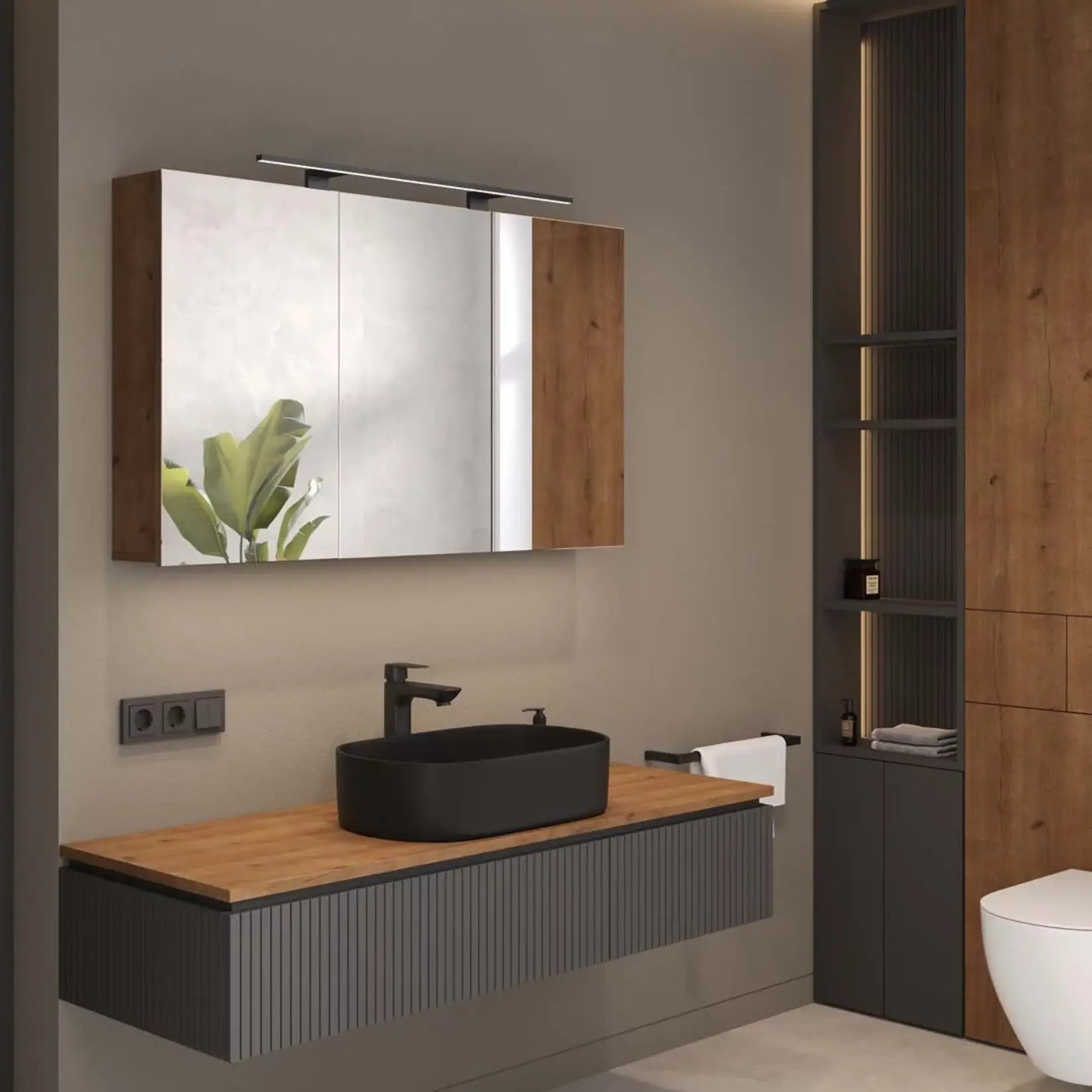 Armoire salle de bain miroir 120 cm intégrée dans une salle de bain moderne avec meuble en bois et vasque noire.
