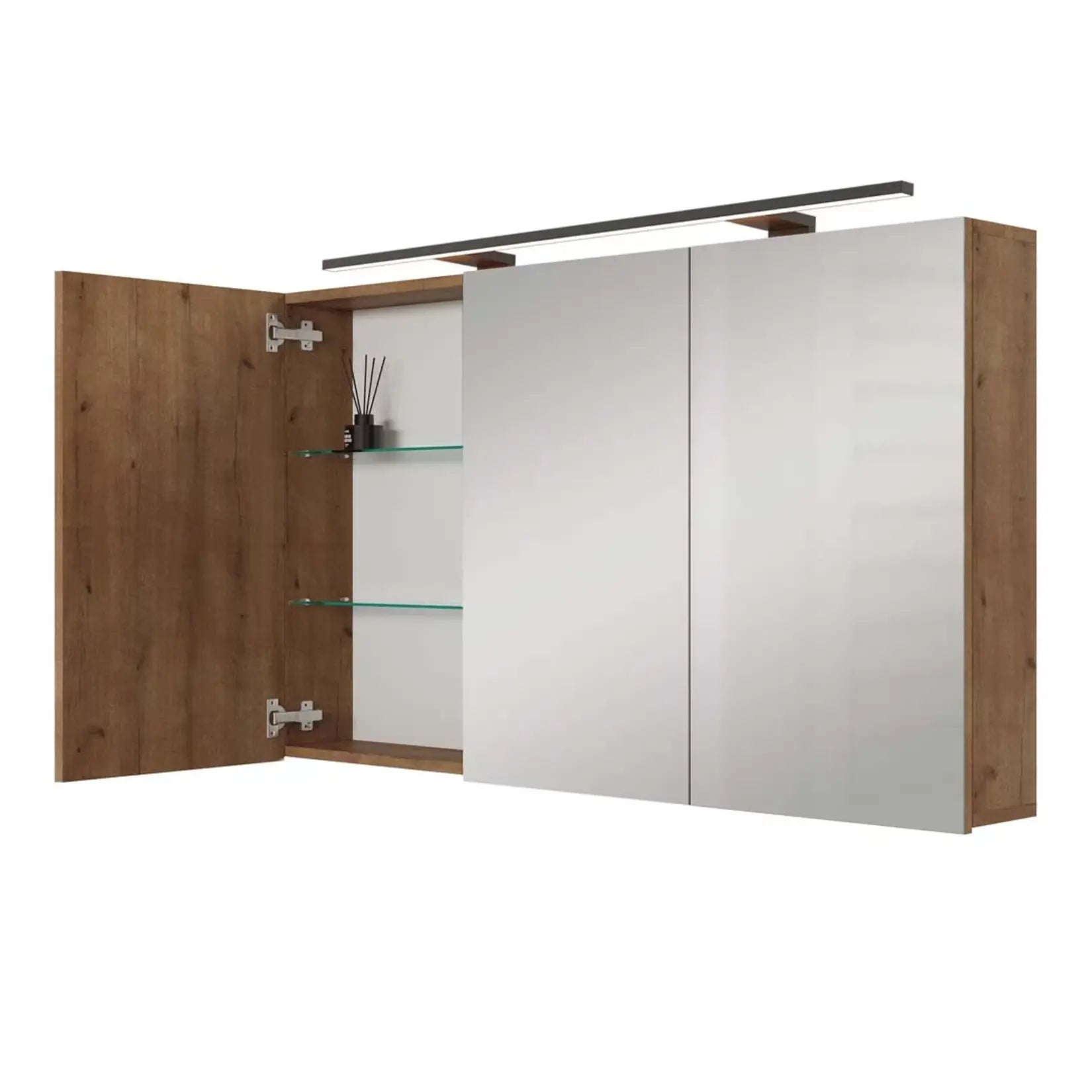 Armoire salle de bain miroir 120 cm ouverte montrant la structure intérieure et les séparations en verre.