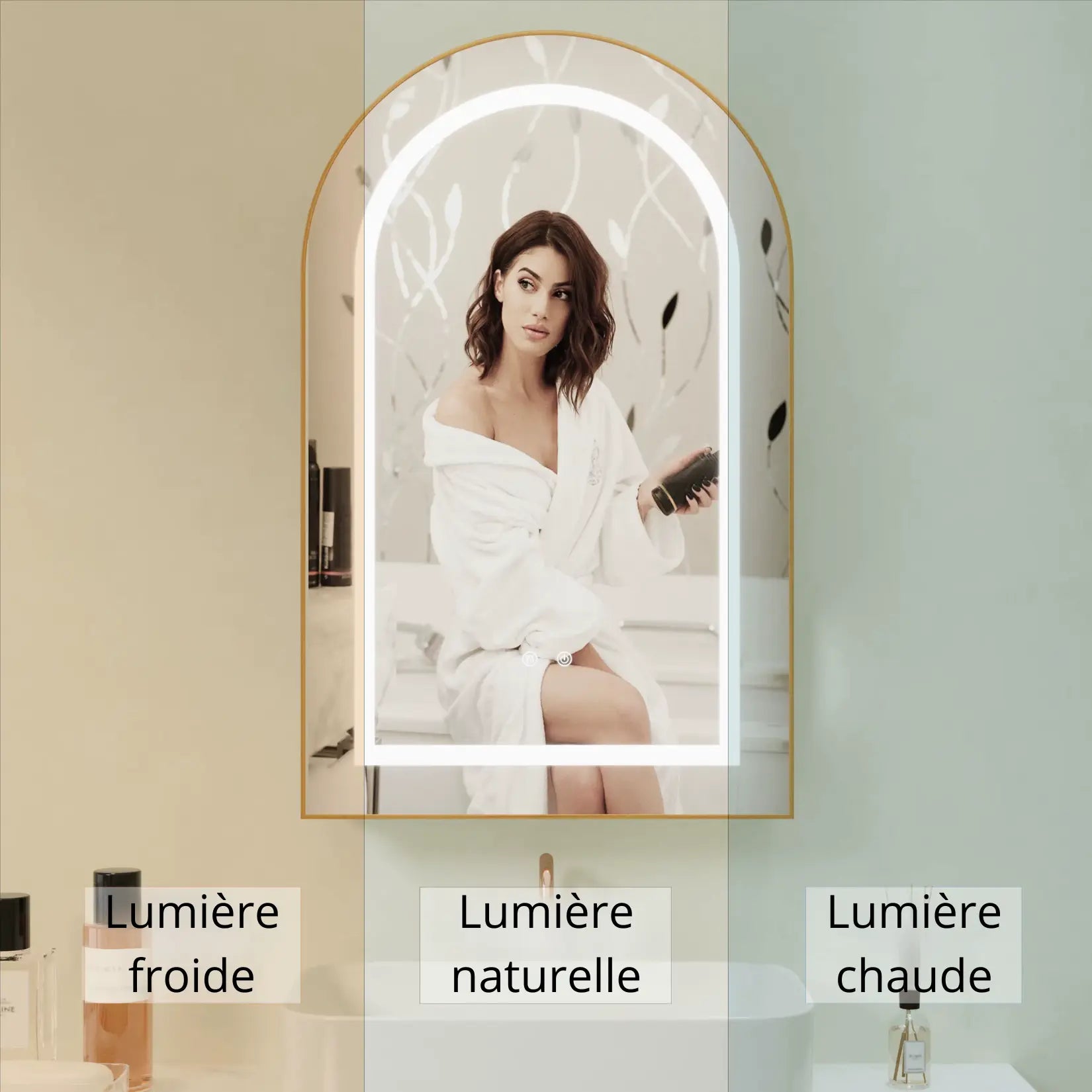 Armoire de salle de bain avec miroir LED – lumière froide, naturelle et chaude activée.